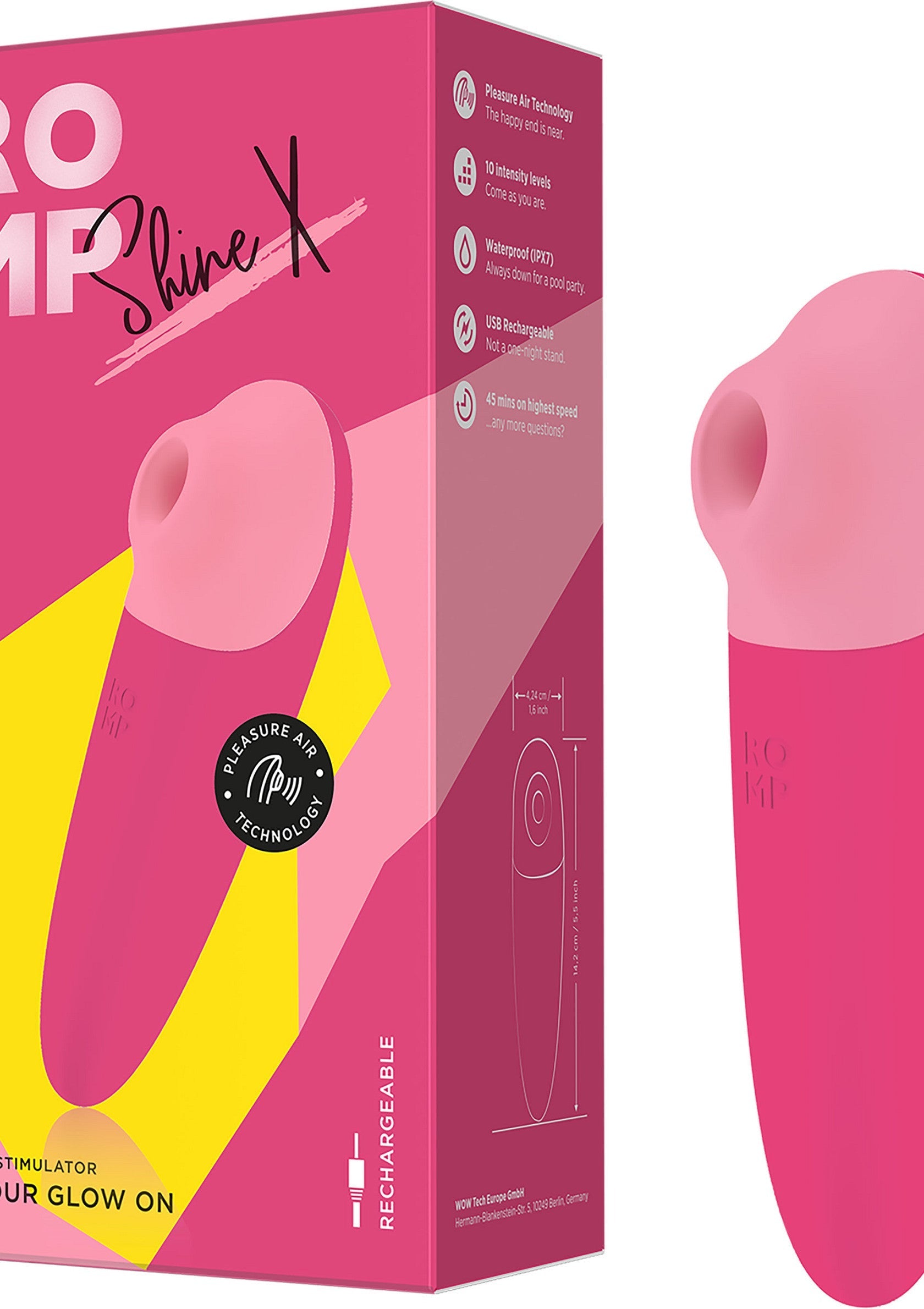 ROMP Shine X stimulateur féminin rose, rechargeable, étanche et doté de la technologie Pleasure Air.; ROMP Shine X roze vibrator voor vrouwen, oplaadbaar, waterdicht en met Pleasure Air-technologie.; ROMP Shine X pink female stimulator, rechargeable, waterproof, and with Pleasure Air Technology.