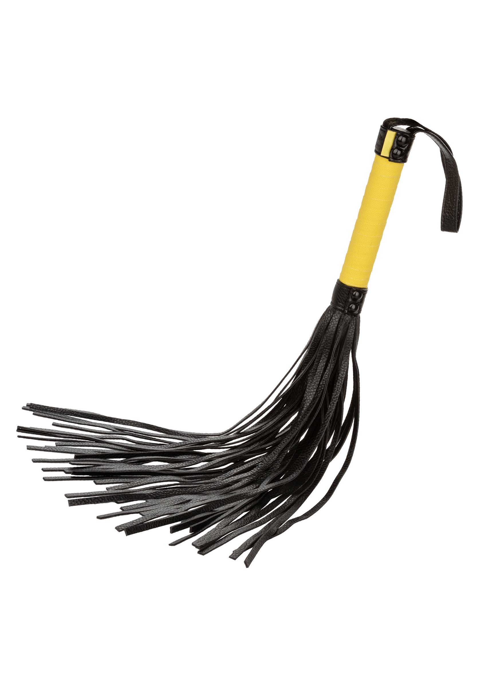 Cravache en cuir noir et jaune, parfaite pour les jeux de rôle et le plaisir.; Zwarte en gele leren zweep, perfect voor rollenspellen en plezier.; Black and yellow leather flogger, perfect for role play and pleasure.