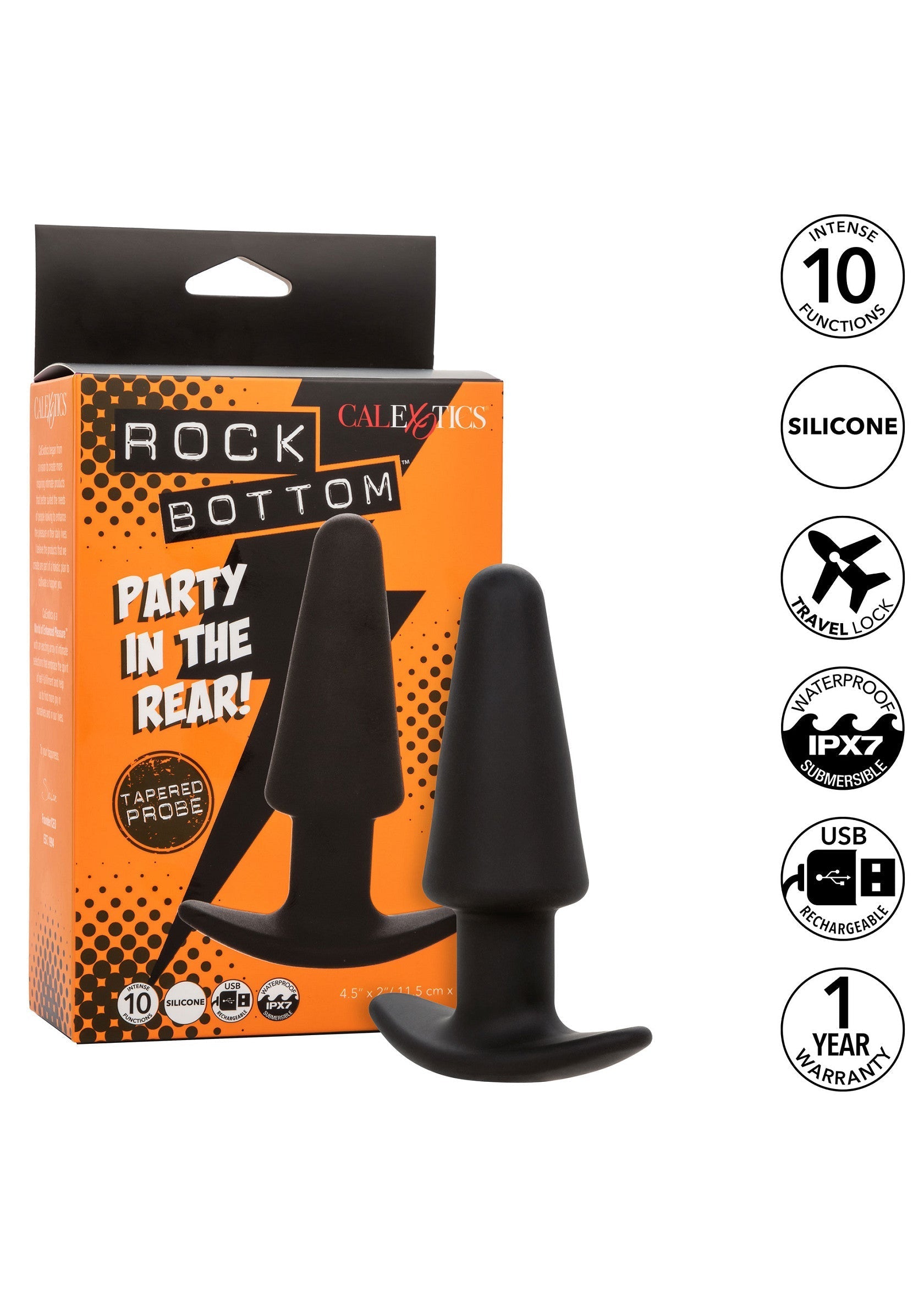 Plug anal Rock Bottom de CalExotics, 10 fonctions, silicone, étanche et rechargeable par USB. Garantie 1 an.; CalExotics Rock Bottom buttplug, 10 functies, siliconen, waterdicht en USB-oplaadbaar. 1 jaar garantie.; CalExotics Rock Bottom butt plug, 10 functions, silicone, waterproof, and USB rechargeable. 1 Year warranty.