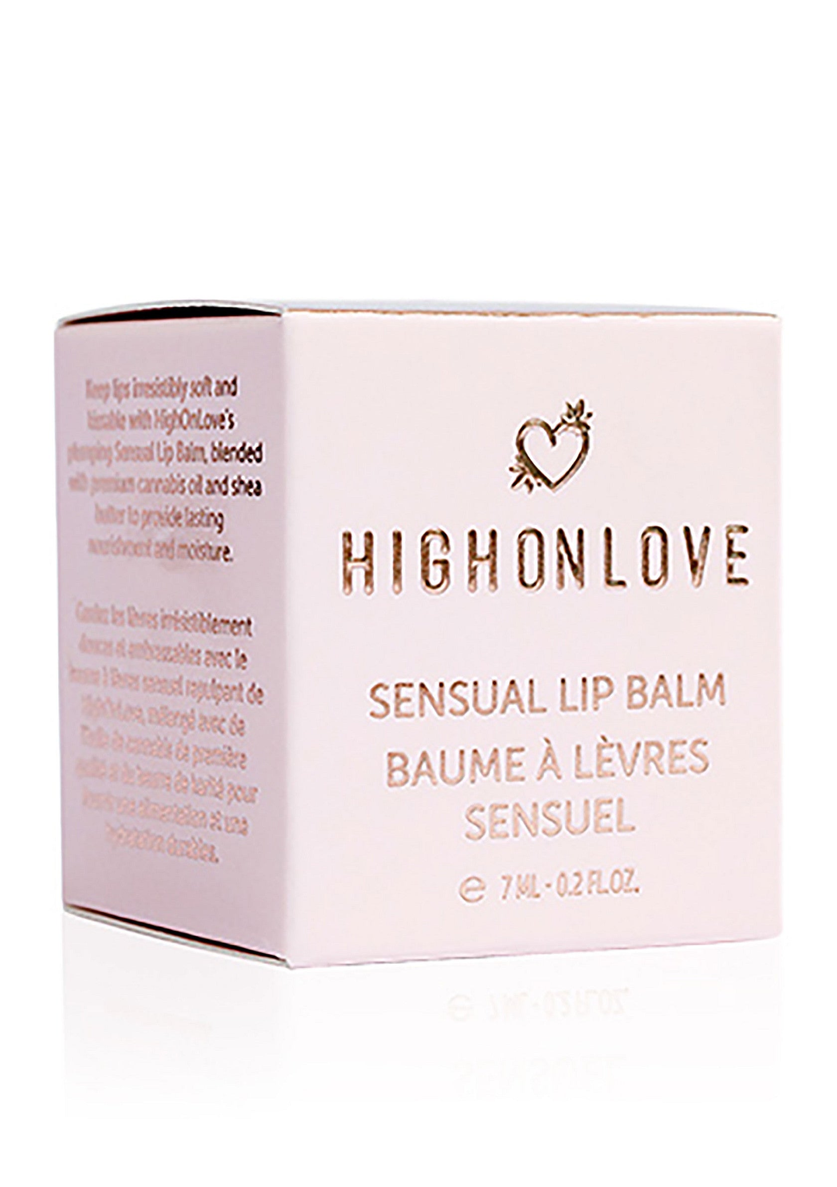 Baume à lèvres sensuel HighOnLove pour des lèvres douces et hydratées. Enrichi en huile de cannabis.; HighOnLove sensuele lippenbalsem voor zachte, gehydrateerde lippen. Verrijkt met cannabisolie.; HighOnLove Sensual Lip Balm for soft, hydrated lips. Blended with premium cannabis oil and shea.
