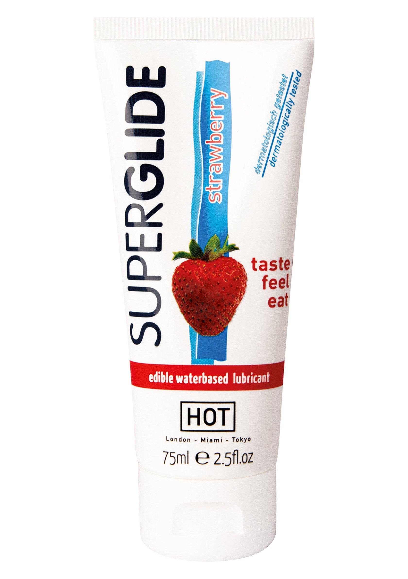 Superglide lubrifiant comestible à base d'eau, goût fraise. Testé dermatologiquement.; Superglide watergebaseerd glijmiddel met aardbeiensmaak. Dermatologisch getest en eetbaar.; Superglide strawberry flavored, edible water-based lubricant. Dermatologically tested for sensitive skin.