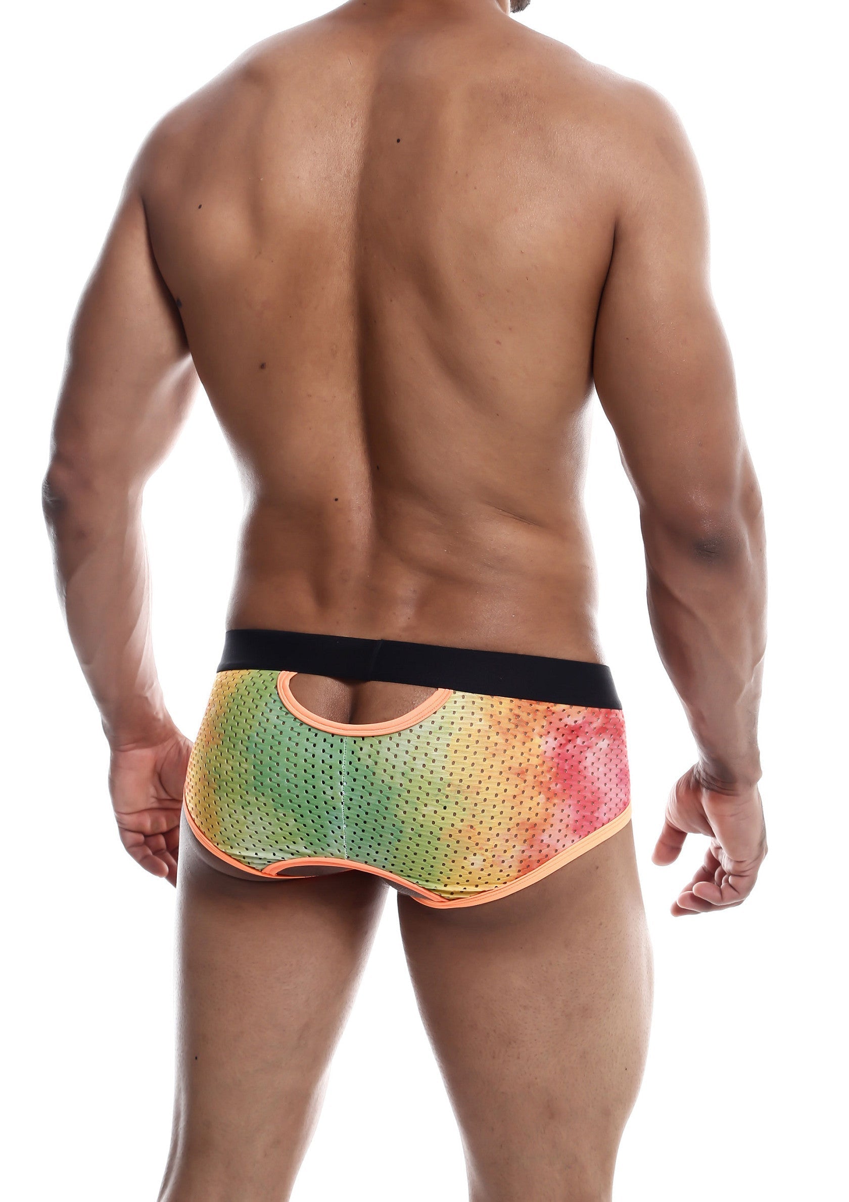 Slip pour homme à trous multicolores pour un confort et un style inégalables.; Multikleurige heren slip met gaten voor ultiem comfort en stijl.; Multi-colored hole men's brief for ultimate comfort and style.