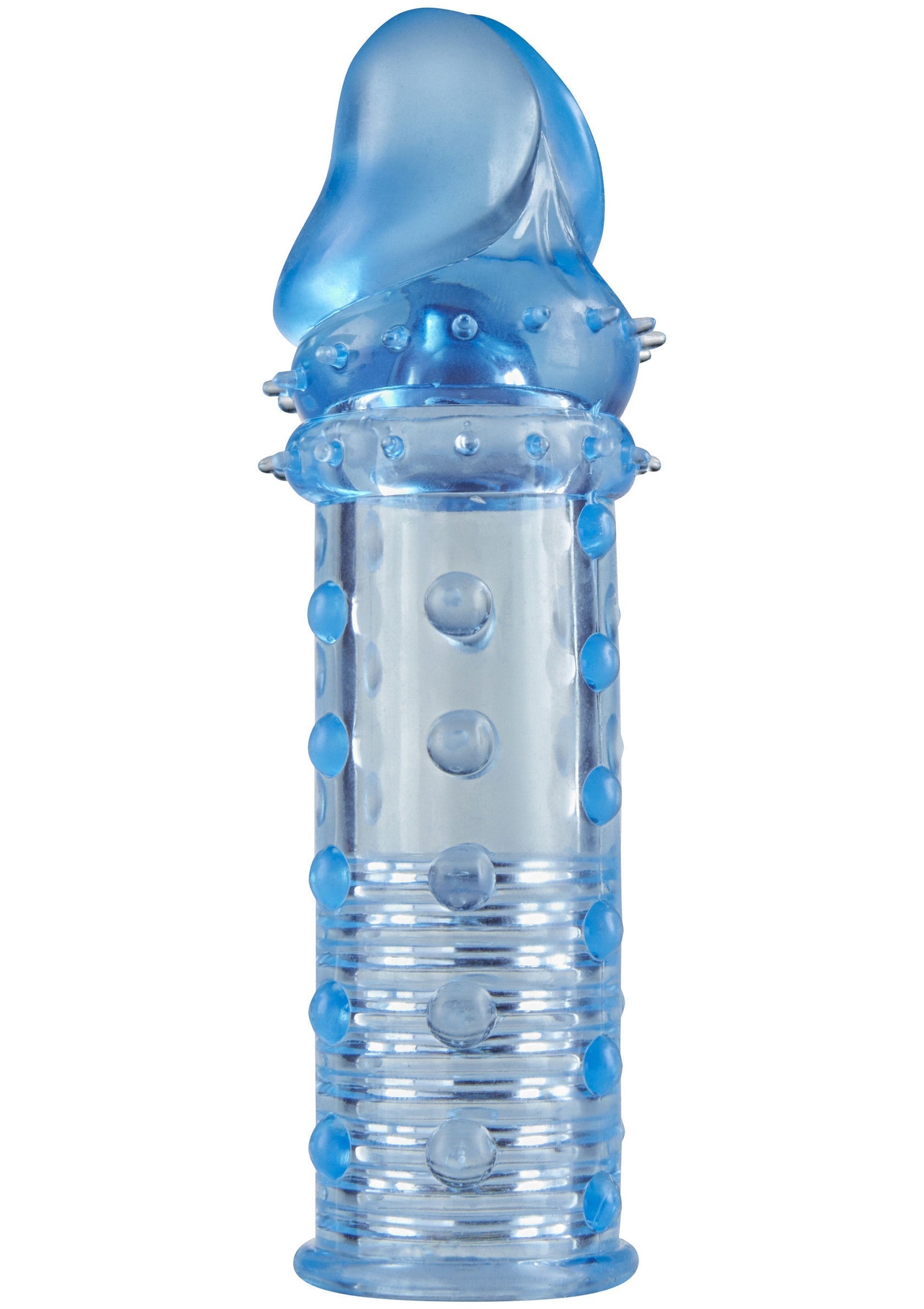 Manchon pénien texturé bleu translucide pour plus de sensations et de plaisir partagé.; Doorzichtige blauwe penis sleeve met textuur voor meer sensatie en gedeeld plezier.; Translucent blue textured penis sleeve for enhanced sensation and shared pleasure.