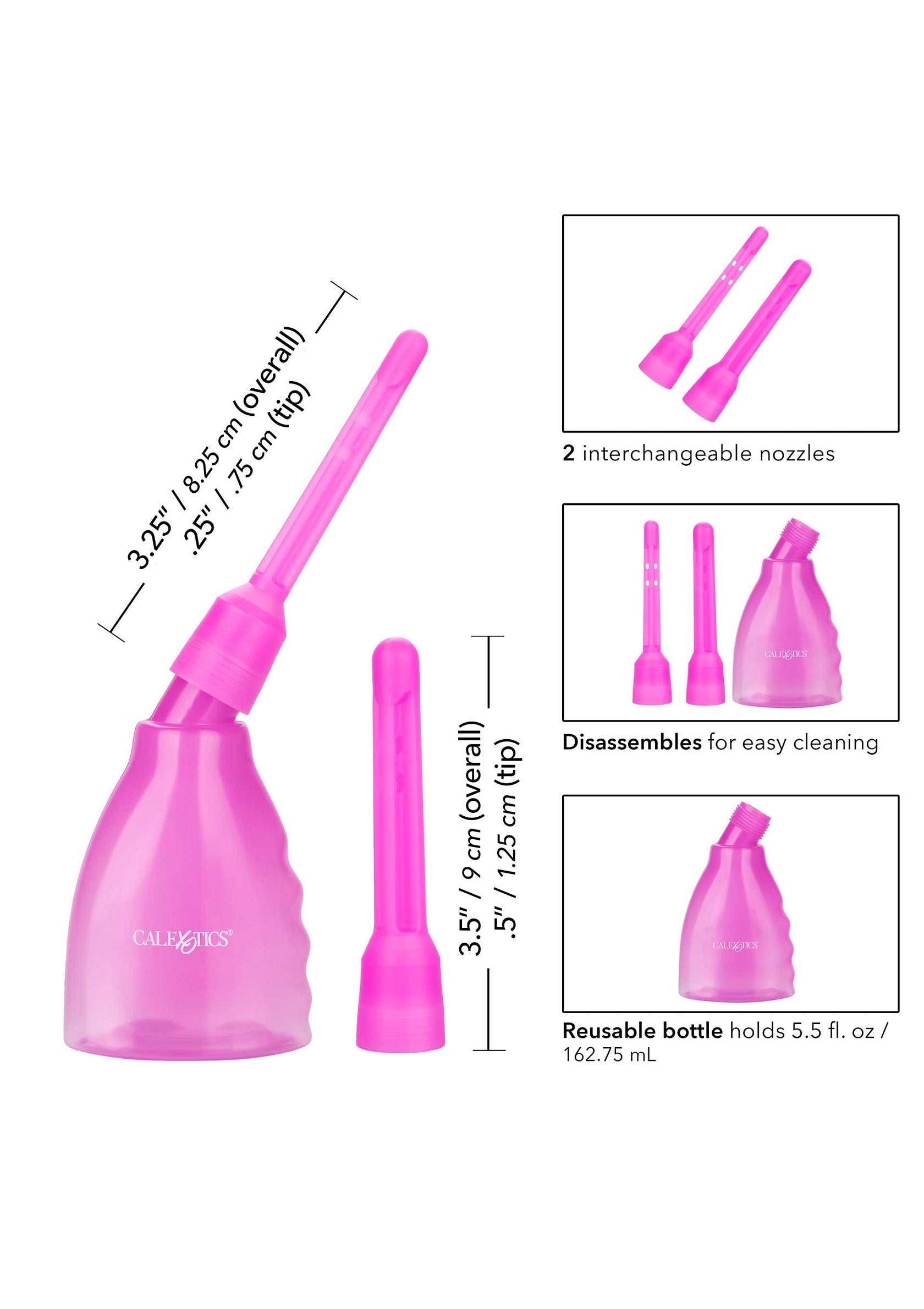 Poire à lavement rose réutilisable avec embouts interchangeables pour une hygiène intime facile et pratique.; Roze, herbruikbare klysma-douche met verwisselbare spuitmonden voor makkelijke en praktische intieme hygiëne.; Pink, reusable enema douche with interchangeable nozzles for easy, practical intimate hygiene.