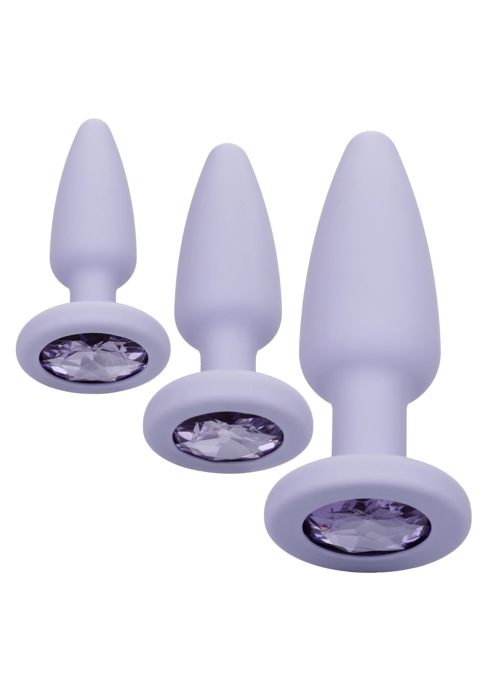 Ensemble de 3 plugs anaux de tailles différentes, ornés de bijoux violets. Plaisir varié garanti !; Set van 3 buttplugs in verschillende maten, versierd met paarse juwelen. Gegarandeerd gevarieerd plezier!; Set of 3 butt plugs in different sizes, adorned with purple jewels. Guaranteed varied pleasure!