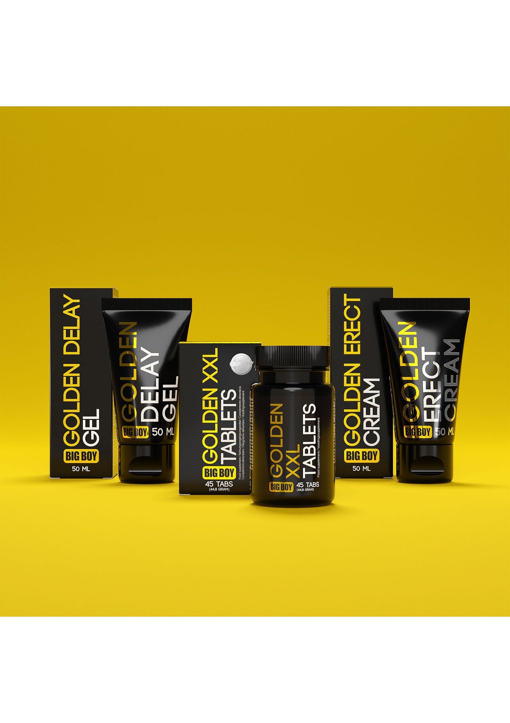 Gamme de produits Golden XXL pour hommes : gel retardateur, crème érectile et comprimés. ; Golden XXL-productlijn voor mannen: vertragende gel, erectiecrème en tabletten. ; Golden XXL product line for men: delay gel, erect cream and tablets. 