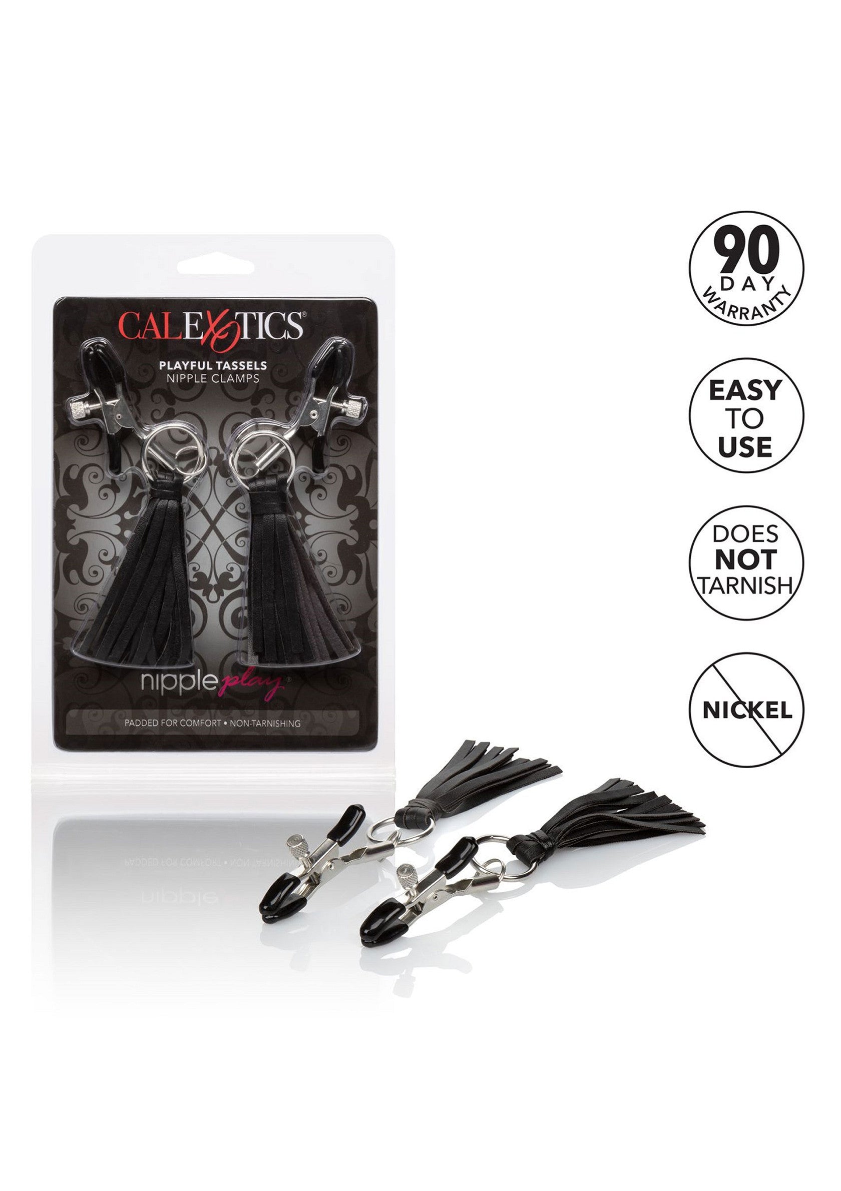 Pinces à tétons CalExotics Playful Tassels avec pompons, faciles à utiliser et sans nickel.; CalExotics Playful Tassels tepelklemmen met kwastjes, makkelijk te gebruiken en nikkelvrij.; CalExotics Playful Tassels Nipple Clamps with tassels, easy to use and nickel free.