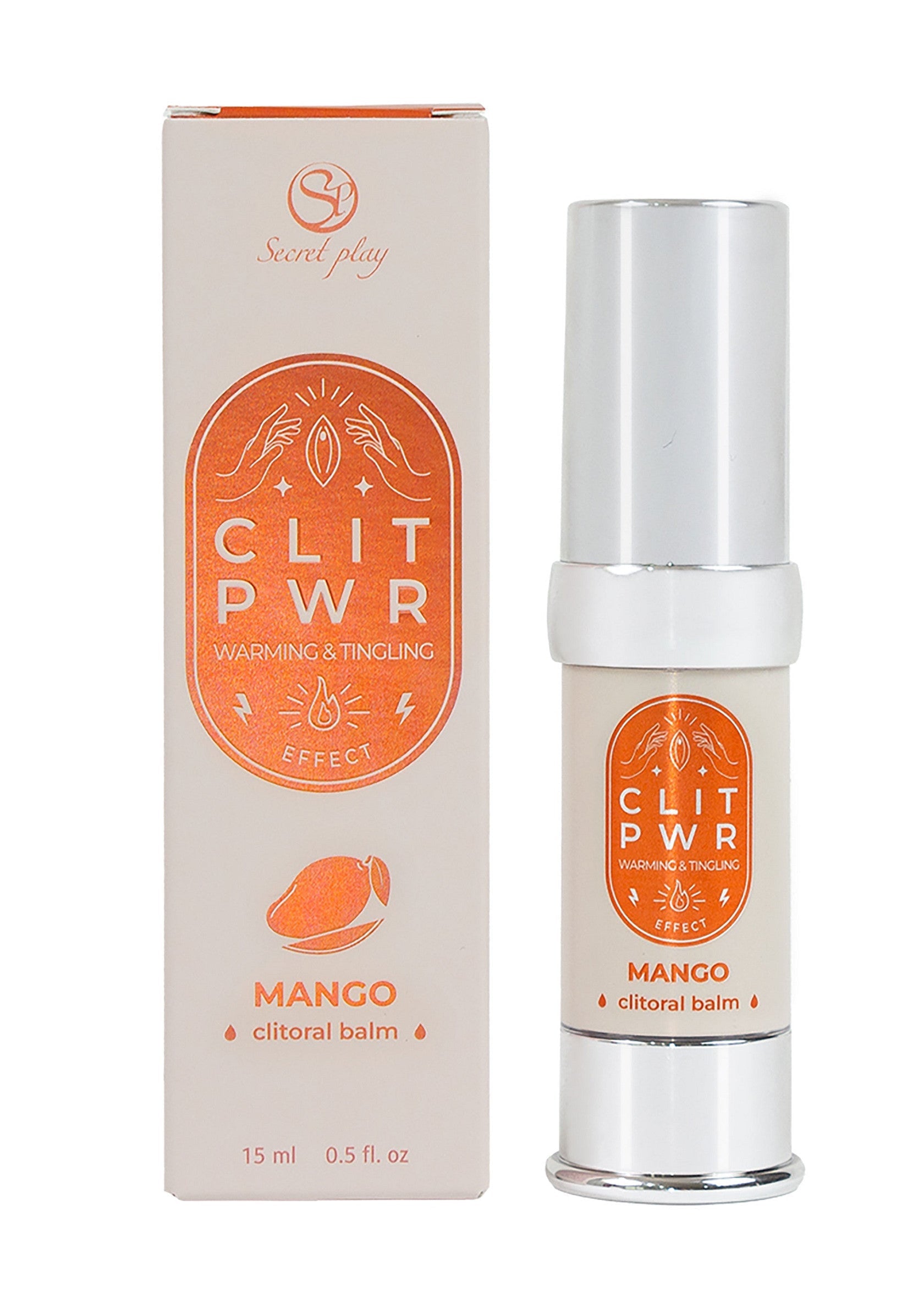 Baume clitoridien Secret Play CLIT PWR Mango. Chauffant et stimulant pour une expérience intense. 15ml; Secret Play CLIT PWR Mango clitorisbalsem. Warmend en stimulerend voor een intense ervaring. 15ml; Secret Play CLIT PWR Mango clitoral balm. Warming and tingling for an intense experience. 15ml