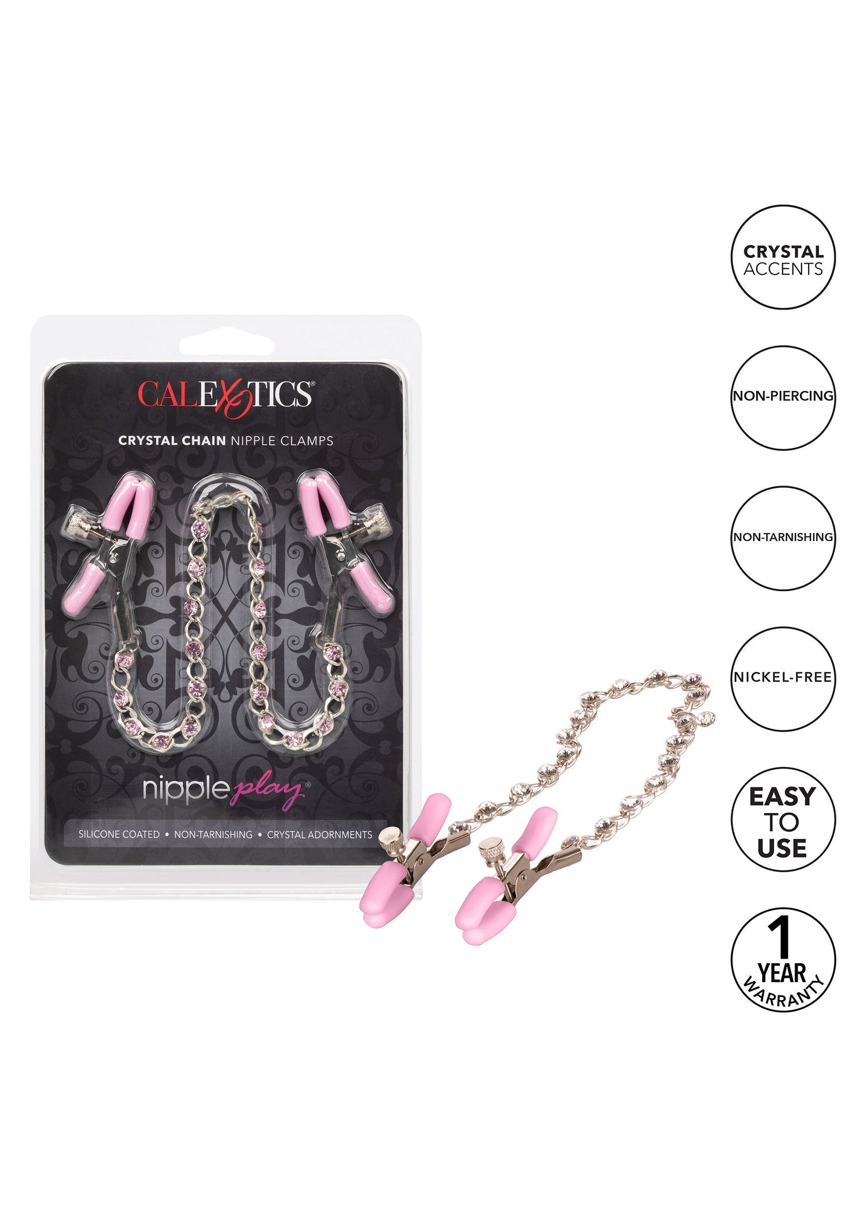 Pinces à tétons CalExotics à chaîne de cristal. Accessoires coquins non perçants, avec accents de cristal.; CalExotics tepelklemmen met kristallen ketting. Niet-piercing kinky accessoires met kristallen accenten.; CalExotics crystal chain nipple clamps. Non-piercing kinky accessories with crystal accents.
