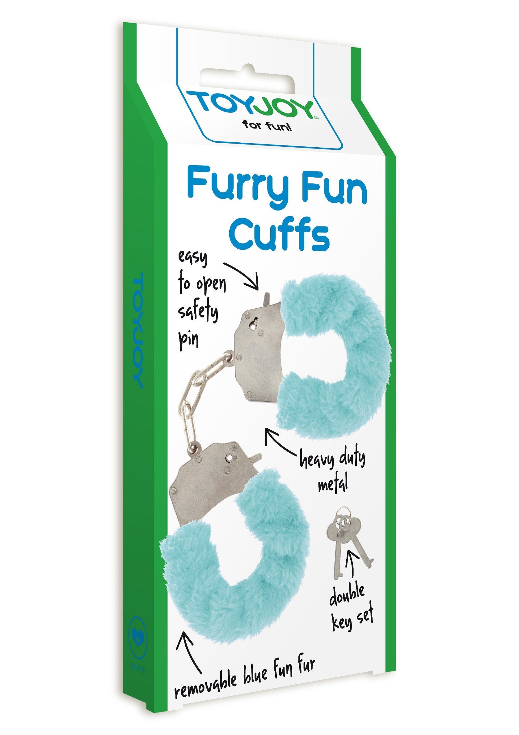 Menottes en fourrure bleue Toyjoy pour adultes. Amusez-vous en toute sécurité avec ces menottes à fourrure amovible et clé.; Toyjoy blauwe furry handboeien voor volwassenen. Veel plezier met deze handboeien met afneembaar bont en sleutel.; Toyjoy blue furry handcuffs for adults. Have fun with these handcuffs with removable fur and key. Safety pin.