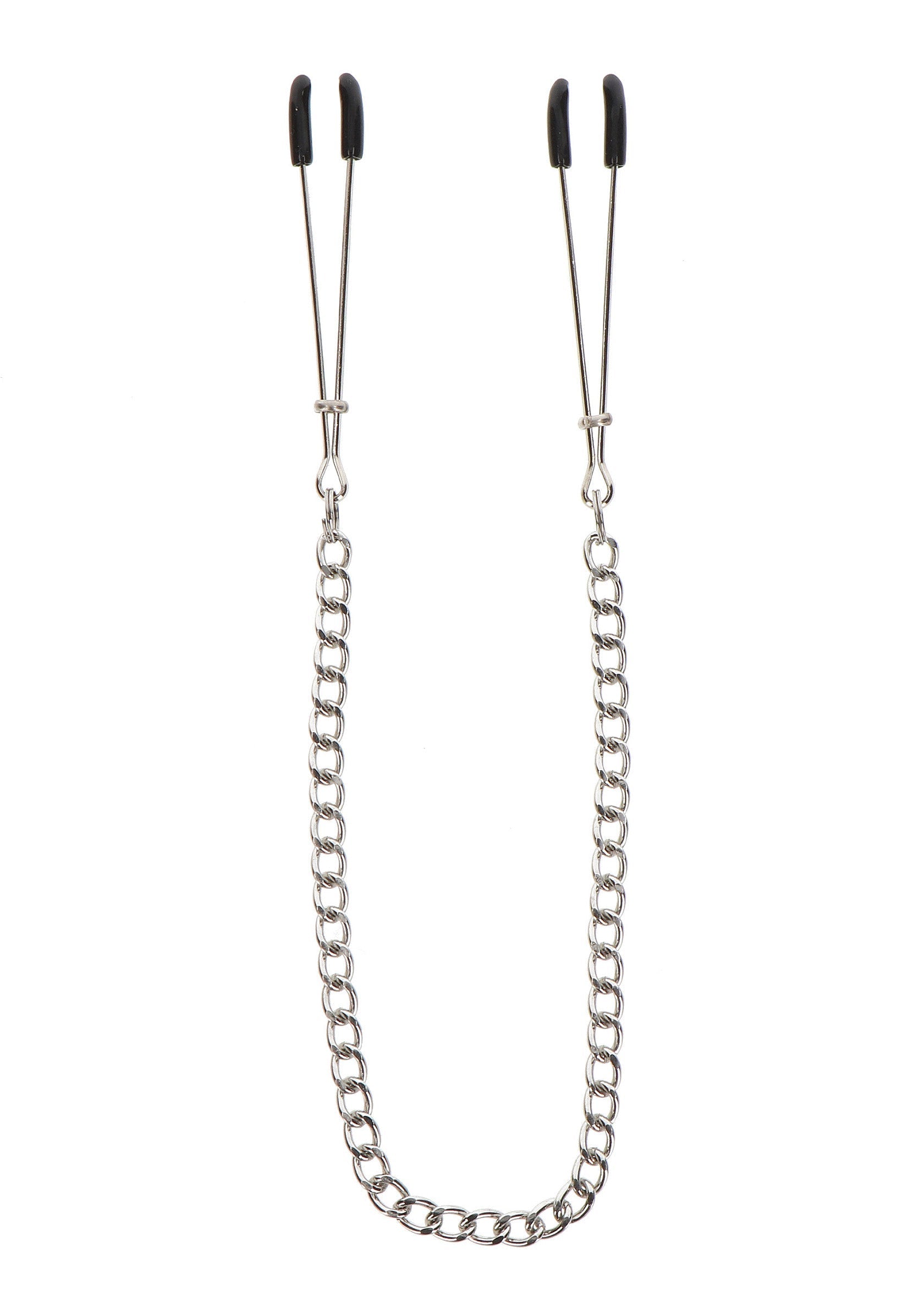 Pinces à tétons avec chaîne. Accessoire coquin en métal argenté et embouts en silicone.; Tepelklemmen met ketting. Speels accessoire gemaakt van zilverkleurig metaal en siliconen tips.; Nipple clamps with chain. Playful accessory made of silver-colored metal and silicone tips.
