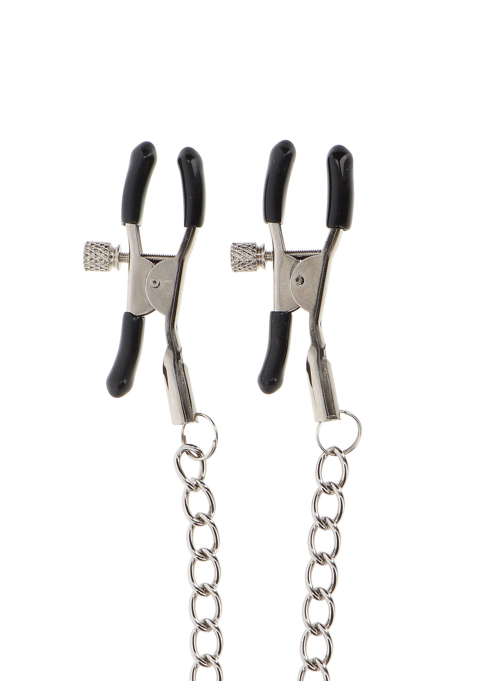 Pinces à tétons en métal avec chaîne. Accessoires coquins pour adultes. Jeu érotique et BDSM.; Metalen tepelklemmen met ketting. Coquille accessoires voor volwassenen. Erotisch spel en BDSM.; Metal nipple clamps with chain. Adults coquettish accessories. Erotic game and BDSM.
