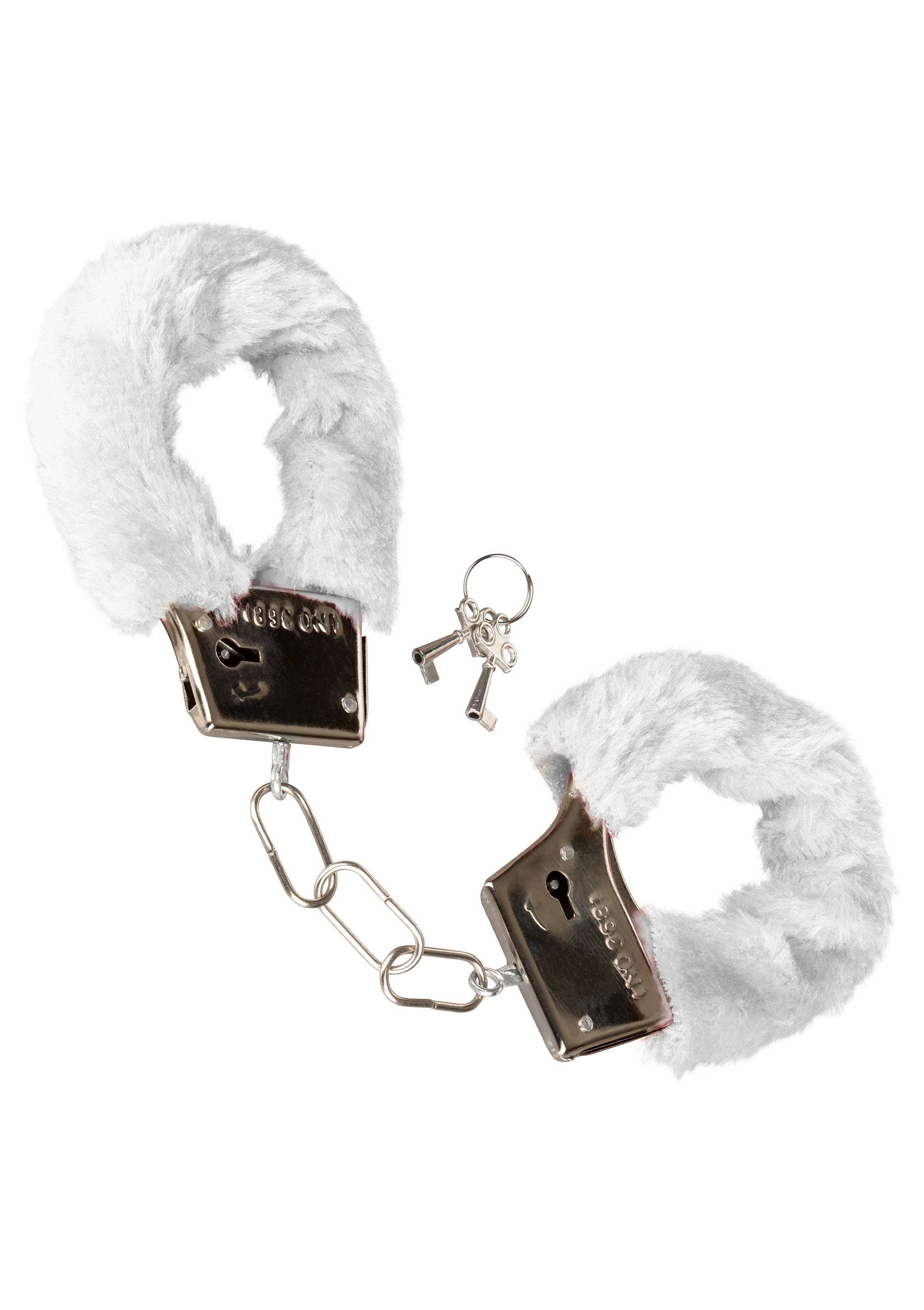 Menottes blanches douces et coquines avec clés.; Zachte, ondeugende witte handboeien met sleutels.; Soft, naughty white furry handcuffs with keys.