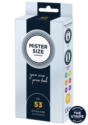 Préservatifs Mister Size 53 : pour un confort et une protection optimale. Trouvez votre taille idéale.; Mister Size 53 condooms: voor optimaal comfort en bescherming. Vind jouw perfecte maat.; Mister Size 53 condoms: for optimal comfort and protection. Find your perfect fit.