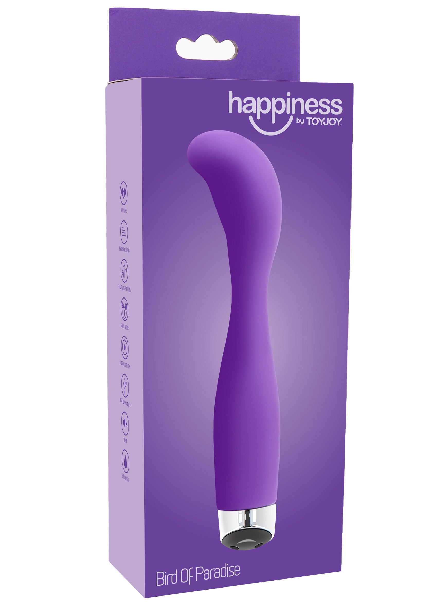 Vibromasseur violet Bird of Paradise de Happiness by Toyjoy pour le plaisir féminin.; Happiness by Toyjoy Bird of Paradise paarse vibrator voor vrouwelijk genot.; Happiness by Toyjoy Bird of Paradise purple vibrator for female pleasure.