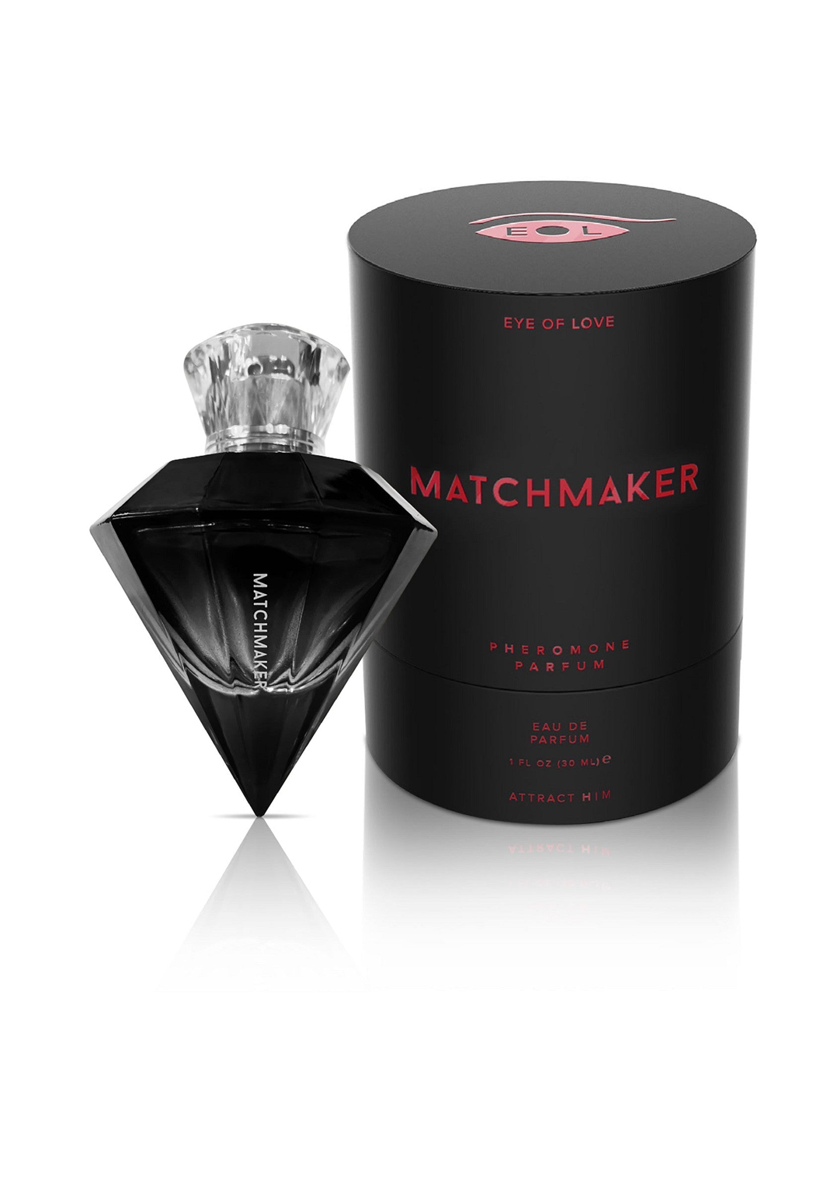 Parfum phéromonal Eye of Love Matchmaker. Bouteille noire élégante et emballage cylindrique.; Eye of Love Matchmaker feromoonparfum. Stijlvolle zwarte fles en cilindervormige verpakking.; Eye of Love Matchmaker pheromone perfume. Stylish black bottle and cylinder-shaped packaging.