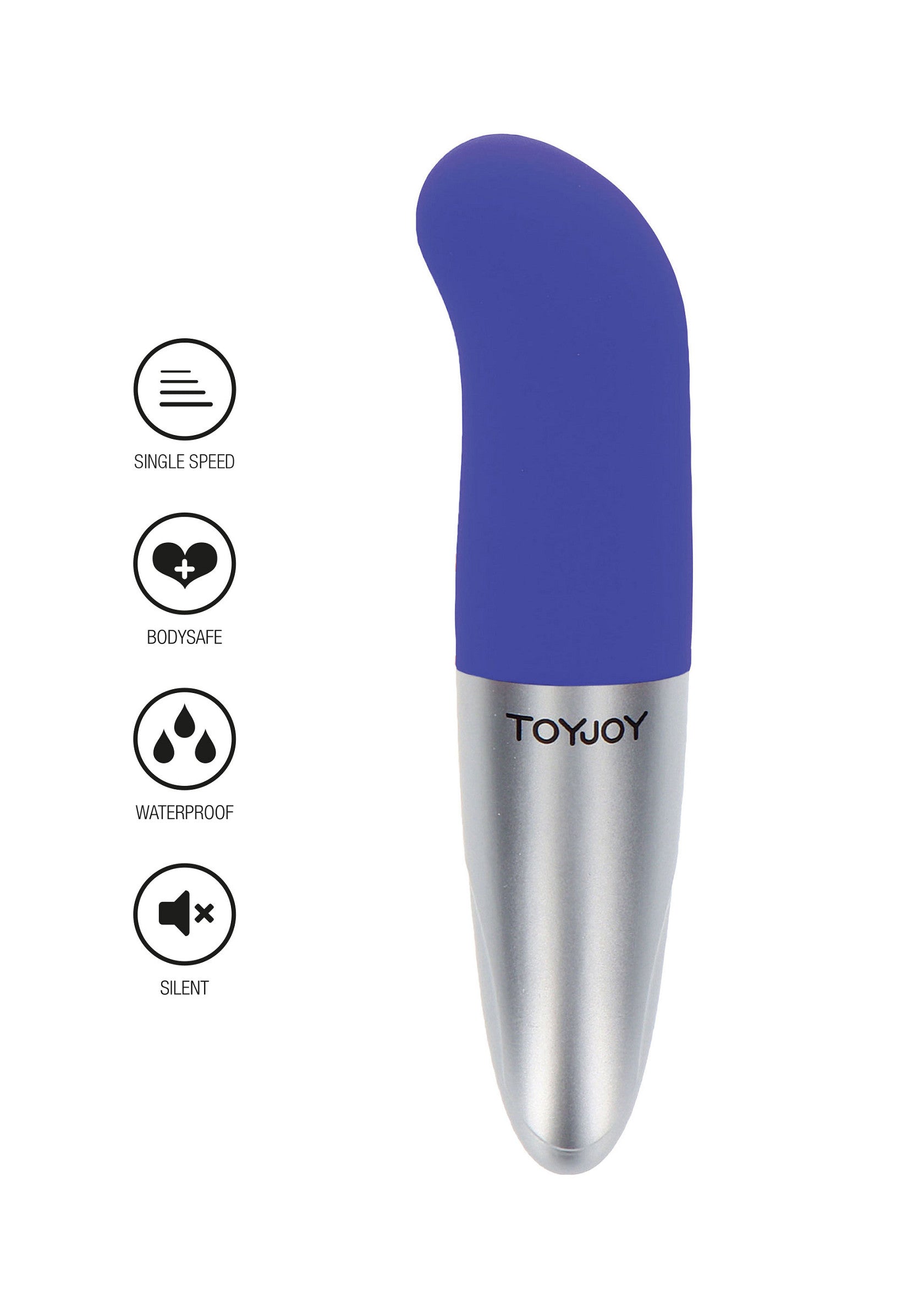 Vibrateur ToyJoy bleu et argent, étanche, silencieux et sûr pour le corps.; ToyJoy vibrator blauw en zilver, waterdicht, stil en veilig voor het lichaam.; Blue and silver ToyJoy vibrator, waterproof, silent and body-safe.