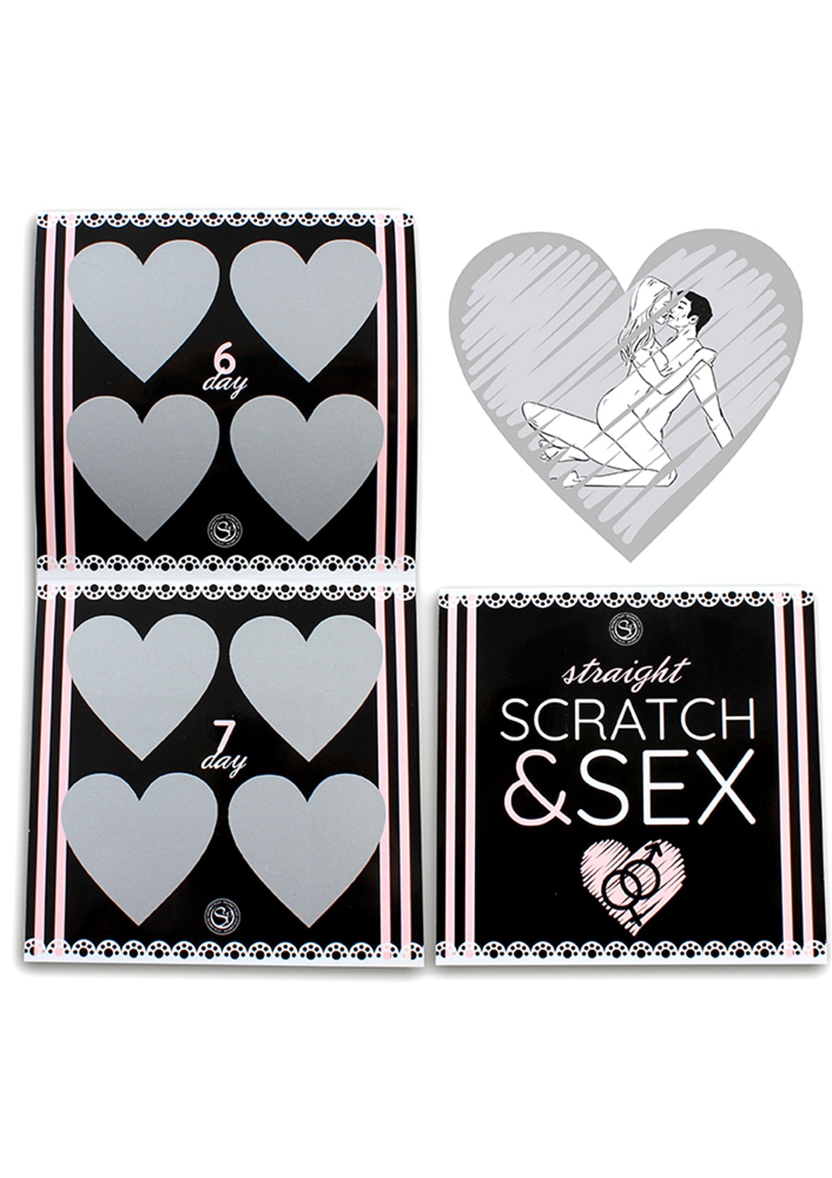 Jeu de cartes à gratter "Straight Scratch & Sex" pour adultes. Pimentez votre vie amoureuse avec des surprises quotidiennes.; Volwassen 'Straight Scratch & Sex' kraslotspel. Spice je liefdesleven op met dagelijkse verrassingen.; Adult 'Straight Scratch & Sex' scratch card game. Spice up your love life with daily surprises.