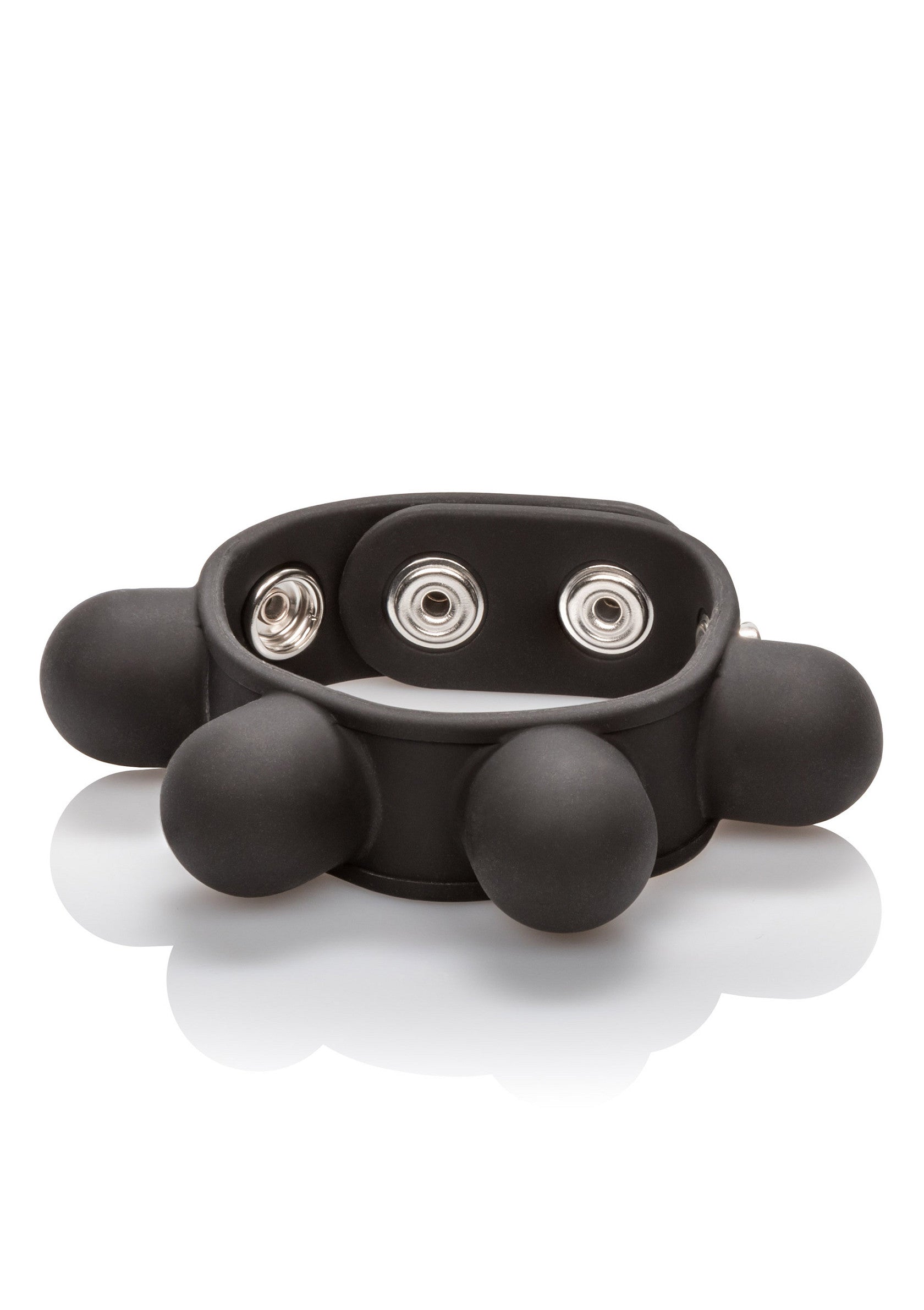 Manchette de retenue noire ajustable avec boutons-pression et boules pour stimulation.; Zwarte verstelbare houder met drukknopen en ballen voor stimulatie.; Black adjustable restraint cuff with snaps and balls for stimulation.