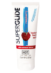 Superglide lubrifiant intime comestible framboise. Hydratant, doux et fruité pour plus de plaisir. 75ml.; Superglide glijmiddel met frambozensmaak. Eetbaar, hydraterend en zacht. Perfect voor meer genot. 75ml.; Superglide raspberry flavored lubricant. Edible, moisturizing, and smooth for extra pleasure. 75ml.