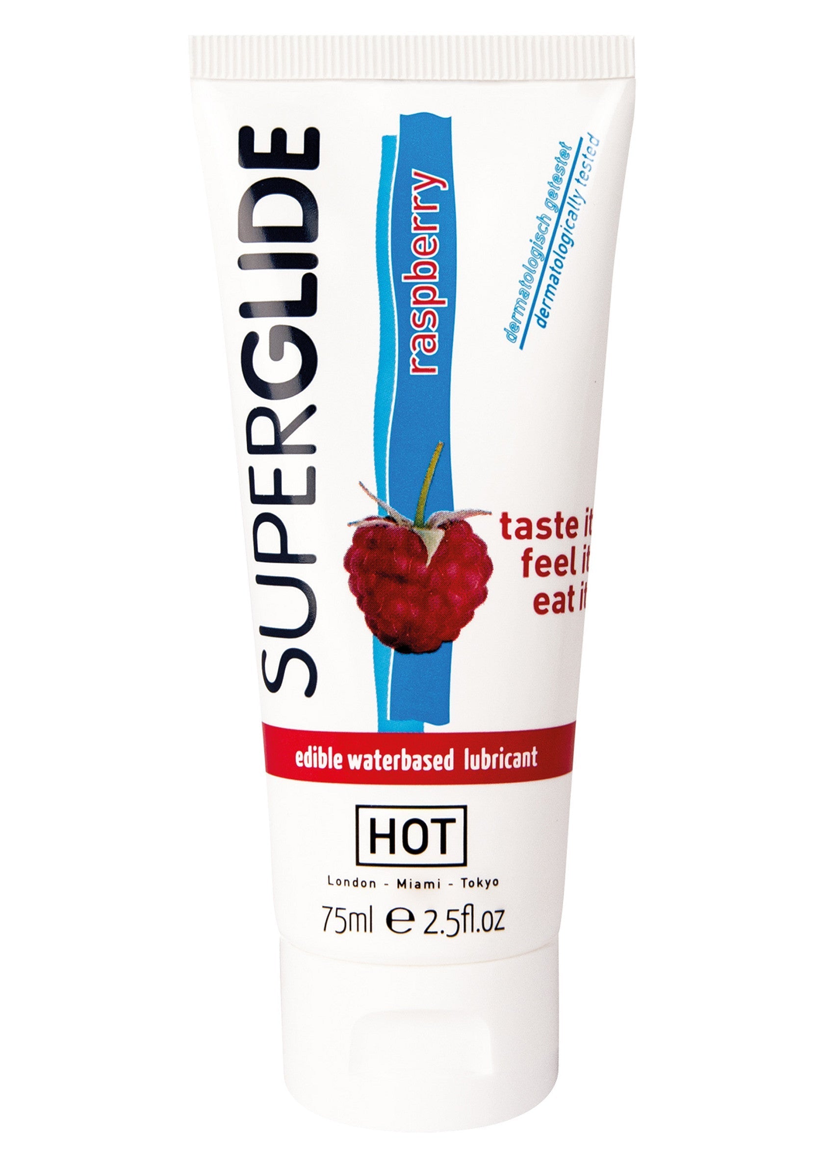 Superglide lubrifiant intime comestible framboise. Hydratant, doux et fruité pour plus de plaisir. 75ml.; Superglide glijmiddel met frambozensmaak. Eetbaar, hydraterend en zacht. Perfect voor meer genot. 75ml.; Superglide raspberry flavored lubricant. Edible, moisturizing, and smooth for extra pleasure. 75ml.