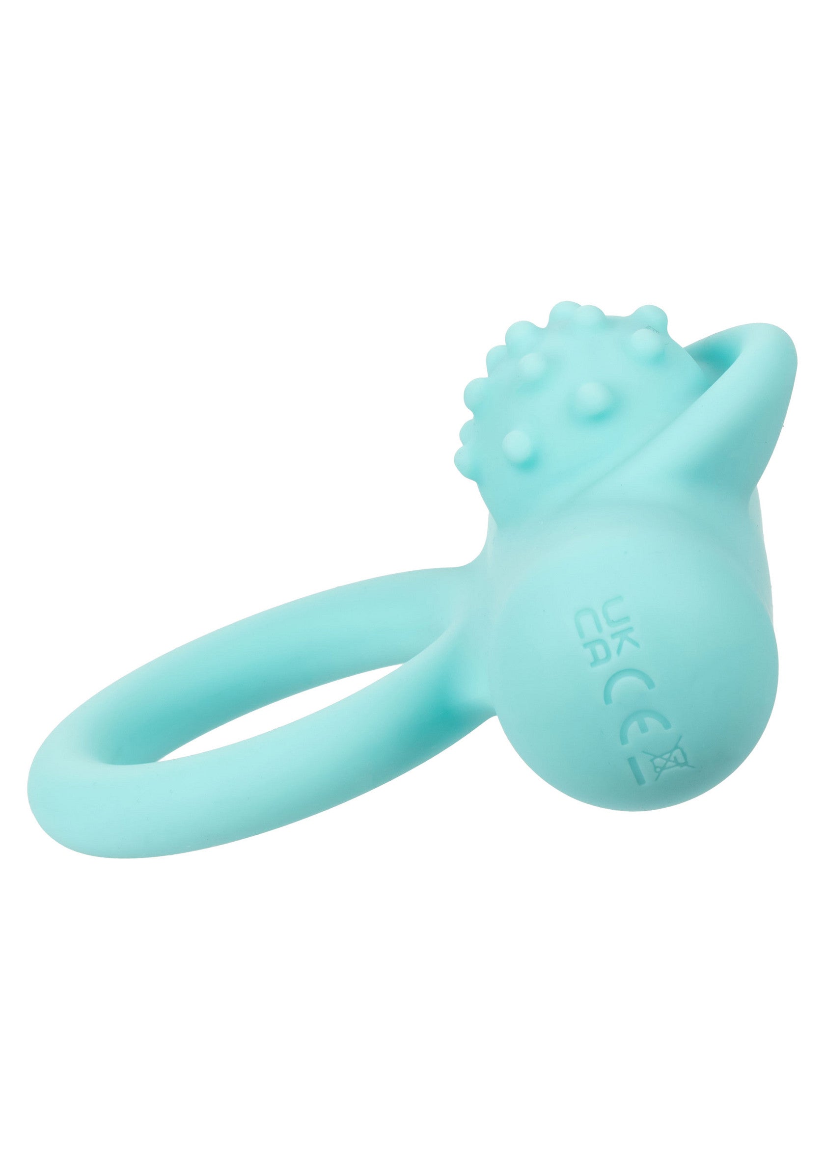 Anneau vibrant texturé bleu turquoise pour couple, stimulant et agréable.; Turquoise vibrerende ring met textuur voor koppels, stimulerend en plezierig.; Teal textured vibrating ring for couples, stimulating and pleasurable.