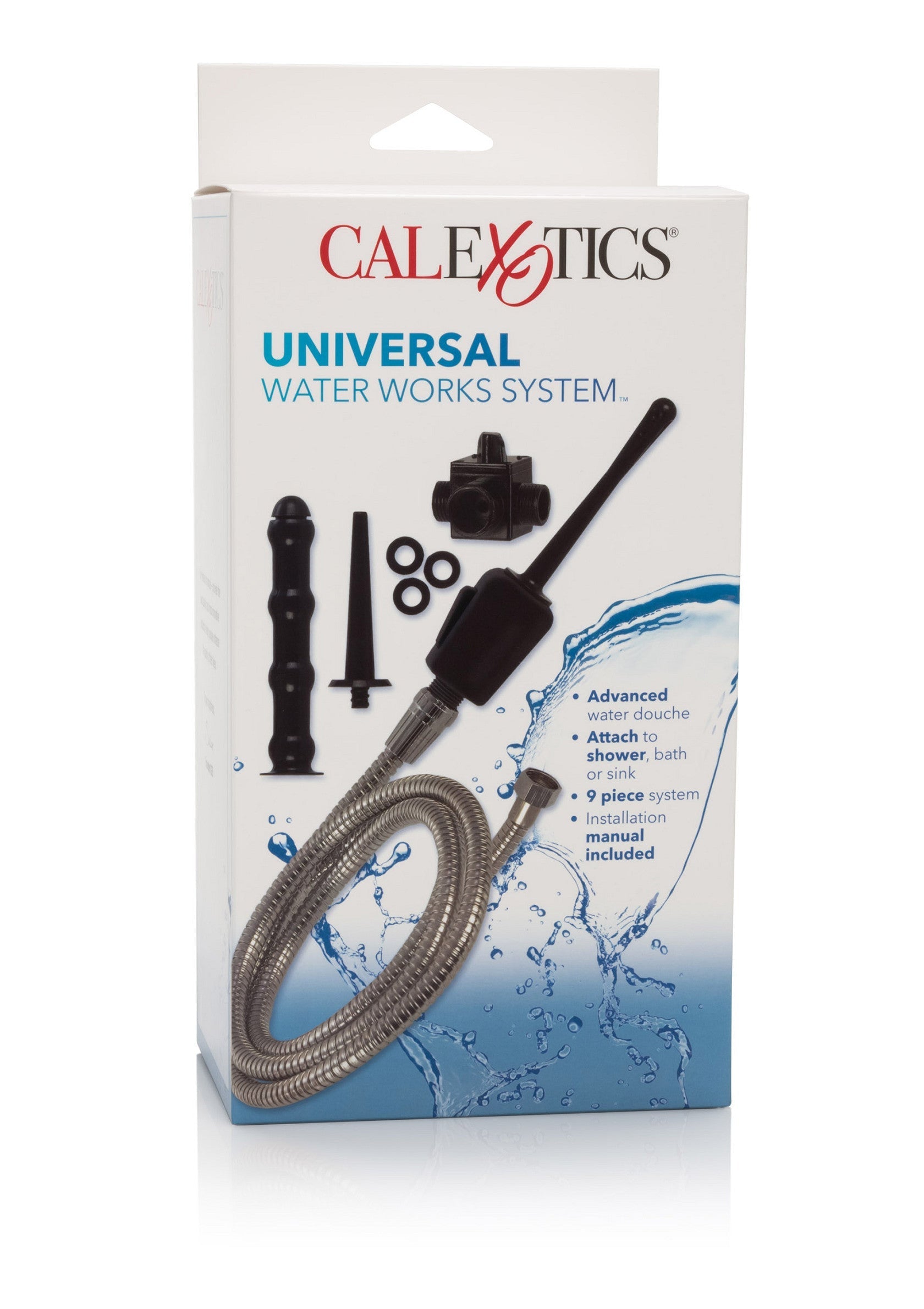 Système de douche universel CalExotics, pour une hygiène intime avancée. Facile à installer sur douche, bain ou évier.; CalExotics Universeel watersysteem, voor een geavanceerde intieme hygiëne. Eenvoudig te installeren op douche, bad of wastafel.; CalExotics Universal Water Works System for advanced intimate hygiene. Easy to install on shower, bath or sink. 9 piece system.