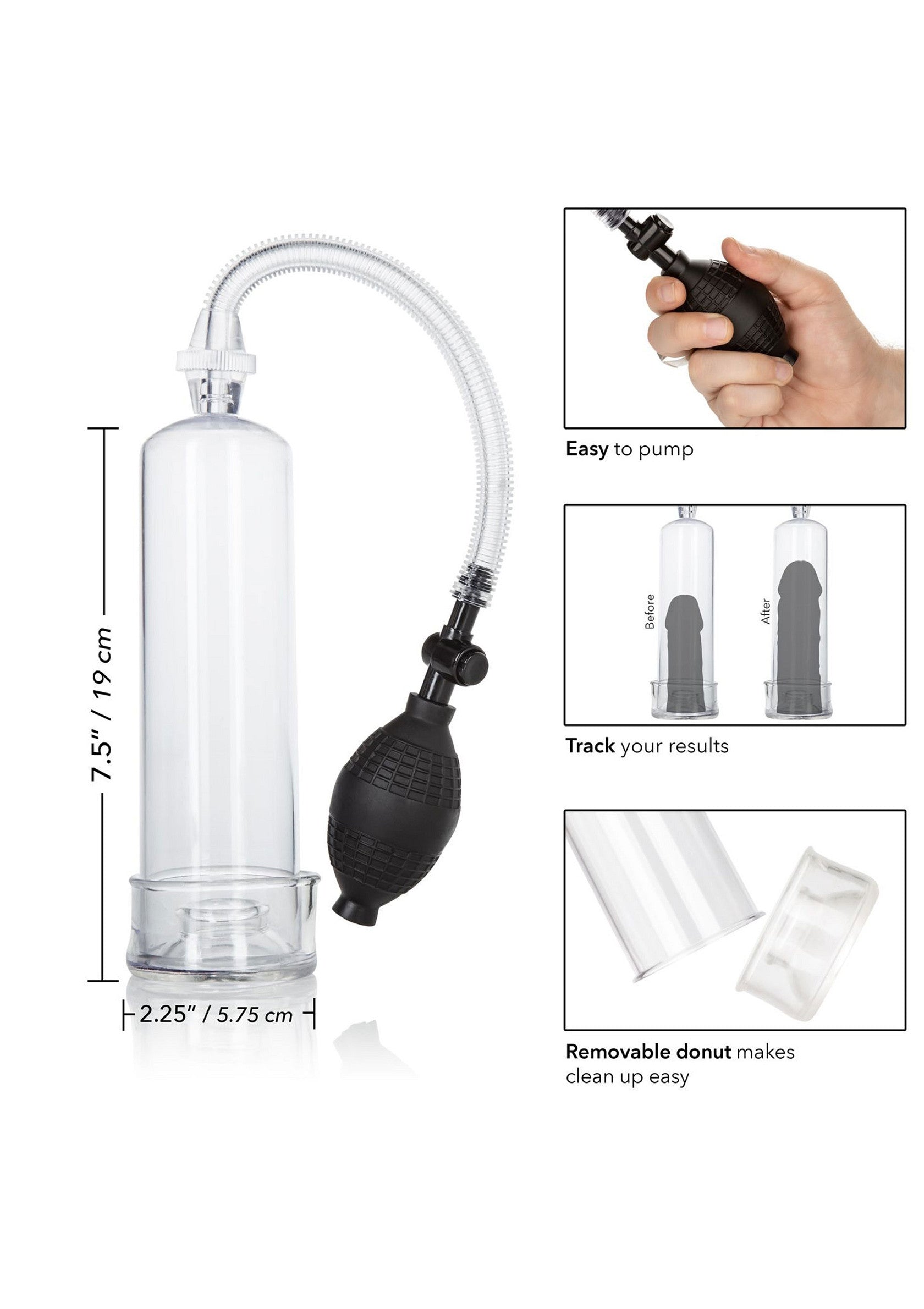Pompe pénienne transparente avec poire, facile à utiliser et à nettoyer. Suivez vos résultats !; Transparante penispomp met handpomp, makkelijk te gebruiken en schoon te maken. Volg je resultaten!; Clear penis pump with hand pump, easy to use and clean. Track your results!