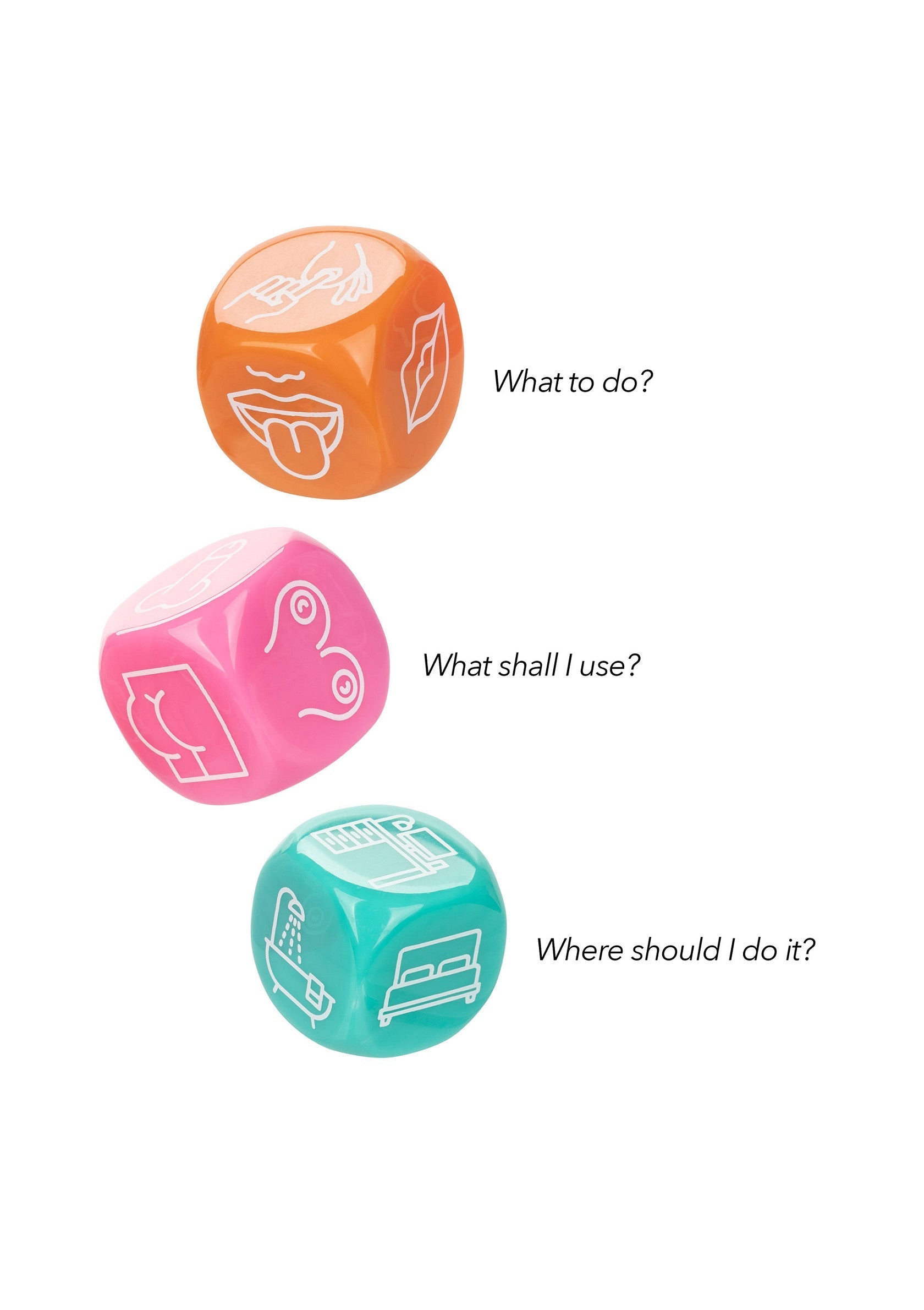 Jeu de dés coquins pour adultes. Lancez les dés et pimentez votre vie amoureuse !; Stoute dobbelstenen voor volwassenen. Rol de dobbelstenen en geef je liefdesleven wat pit!; Naughty dice game for adults. Roll the dice and spice up your love life!