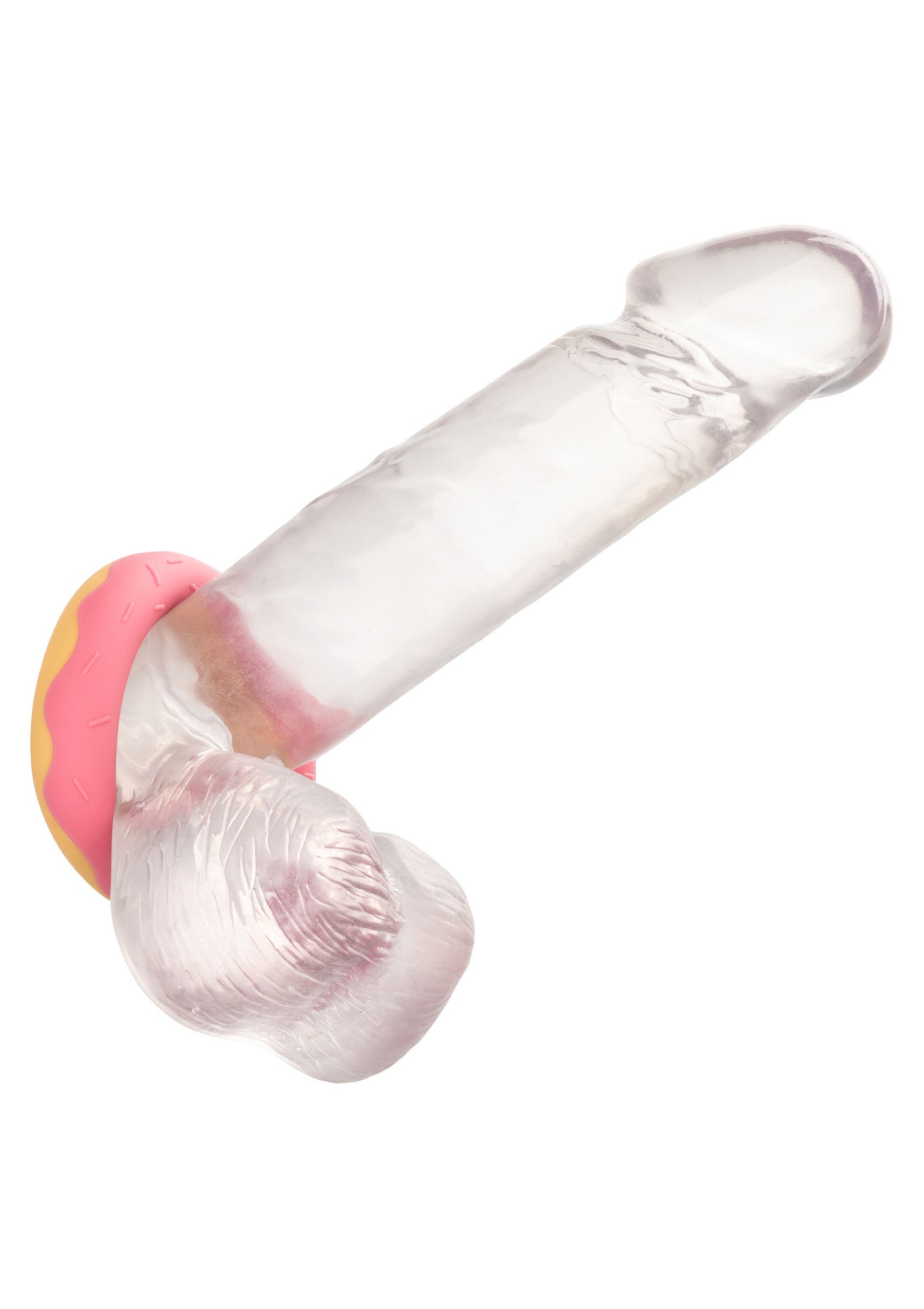 Gode réaliste transparent avec anneau donut rose. Plaisir garanti et look original!; Doorzichtige realistische dildo met roze donut ring. Gegarandeerd plezier en een originele look!; Clear realistic dildo with pink donut ring. Guaranteed pleasure and an original look!