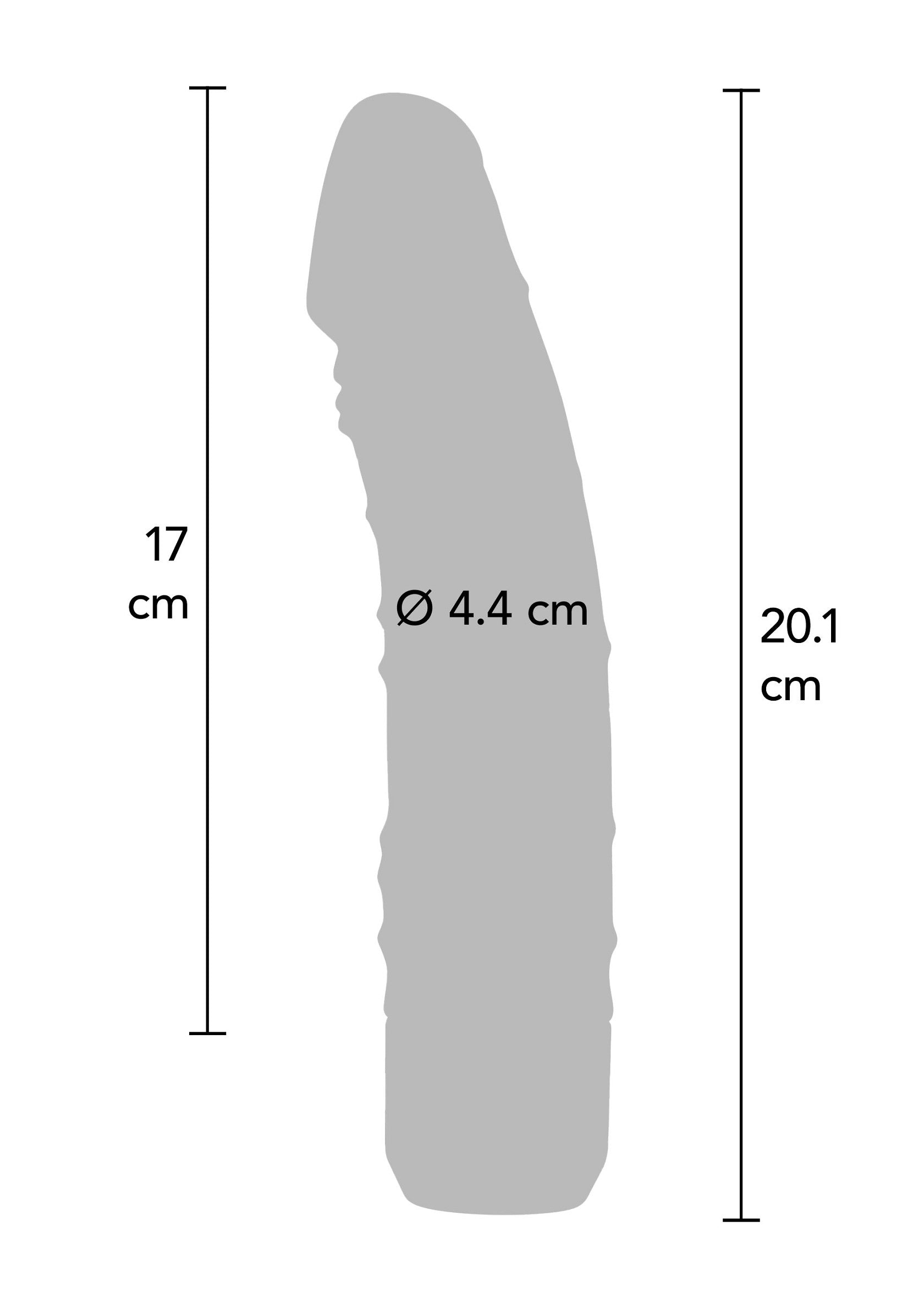 Diagramme avec les dimensions d'un gode : 17 cm de longueur, 20,1 cm de hauteur et 4,4 cm de diamètre.; Diagram met afmetingen van een dildo: 17 cm lang, 20,1 cm hoog en 4,4 cm diameter.; Diagram with measurements of a dildo: 17 cm long, 20.1 cm high, and 4.4 cm diameter.