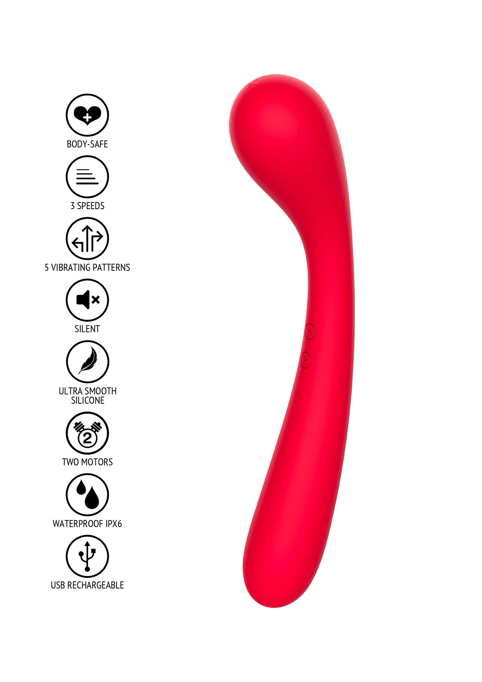 Vibromasseur en silicone lisse, sûr pour le corps, étanche et rechargeable par USB. 3 vitesses, 5 modes de vibration. Deux moteurs. ; Gladde siliconen vibrator, veilig voor het lichaam, waterdicht en USB-oplaadbaar. 3 snelheden, 5 vibratiestanden. Twee motoren.; Smooth silicone vibrator, body-safe, waterproof and USB rechargeable. 3 speeds, 5 vibrating patterns. Two motors.
