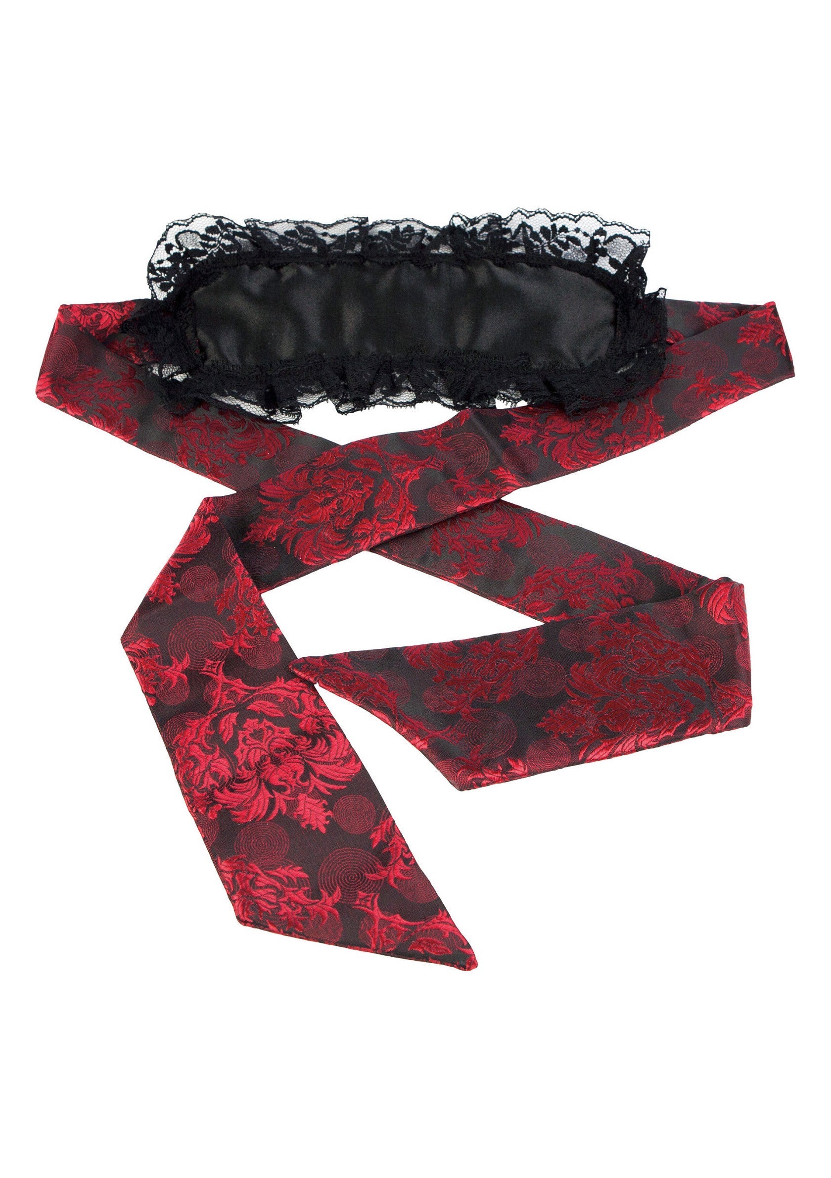 Masque de sommeil rouge fleuri avec dentelle noire pour un sommeil réparateur.; Rood bloemrijk slaapmasker met zwart kant voor een goede nachtrust.; Red floral sleep mask with black lace for restful sleep.