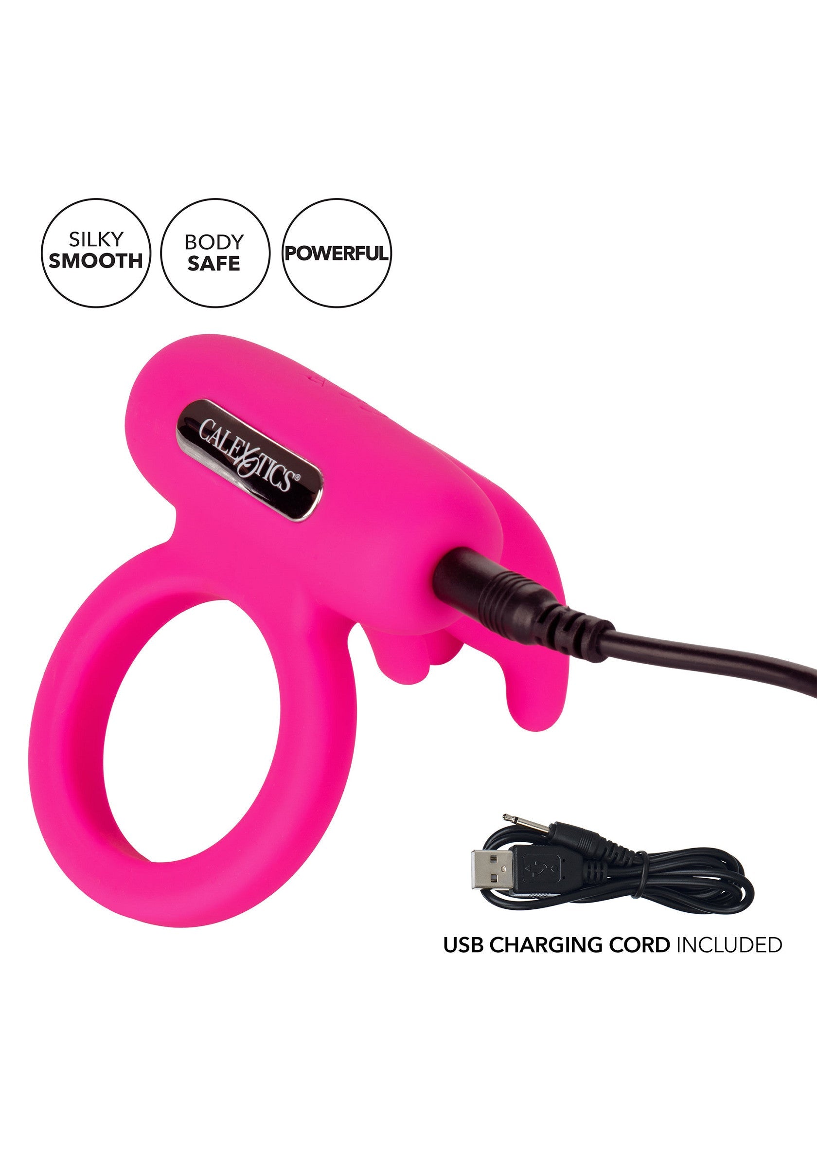 Améliorez le plaisir avec ce vibromasseur rose Calexotics. Silky Smooth, sûr pour le corps et puissant! Câble de chargement USB inclus.; Vergroot het plezier met deze roze Calexotics vibrator. Zijdezacht, veilig voor het lichaam en krachtig! USB-oplaadkabel inbegrepen.; Enhance pleasure with this pink Calexotics vibrator. Silky Smooth, Body Safe and Powerful! USB charging cord included.