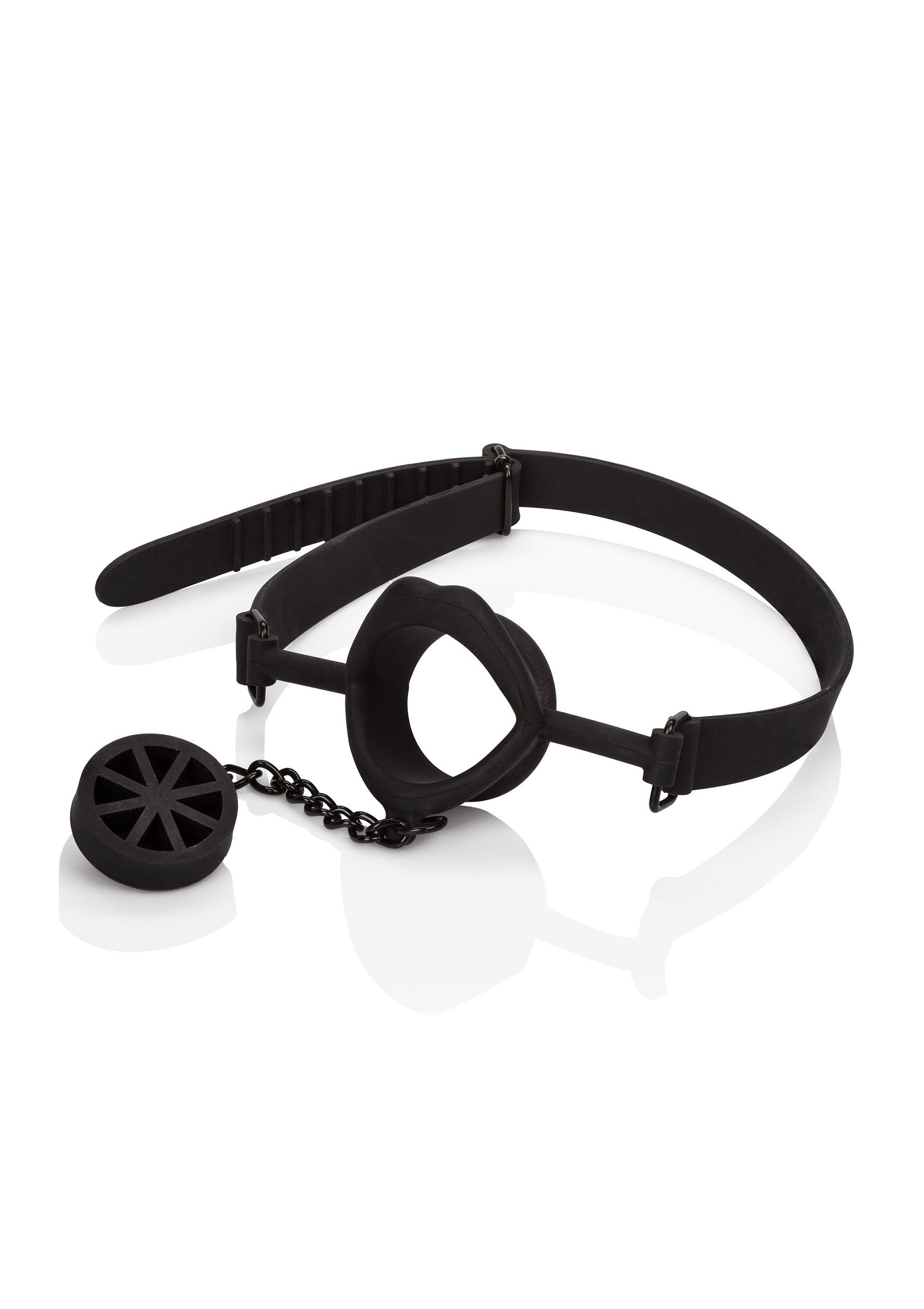 Bâillon de bouche noir réglable pour un jeu de soumission intense.; Verstelbare zwarte mondknevel voor intens onderdanig spel.; Adjustable black ball gag for intense submissive play.