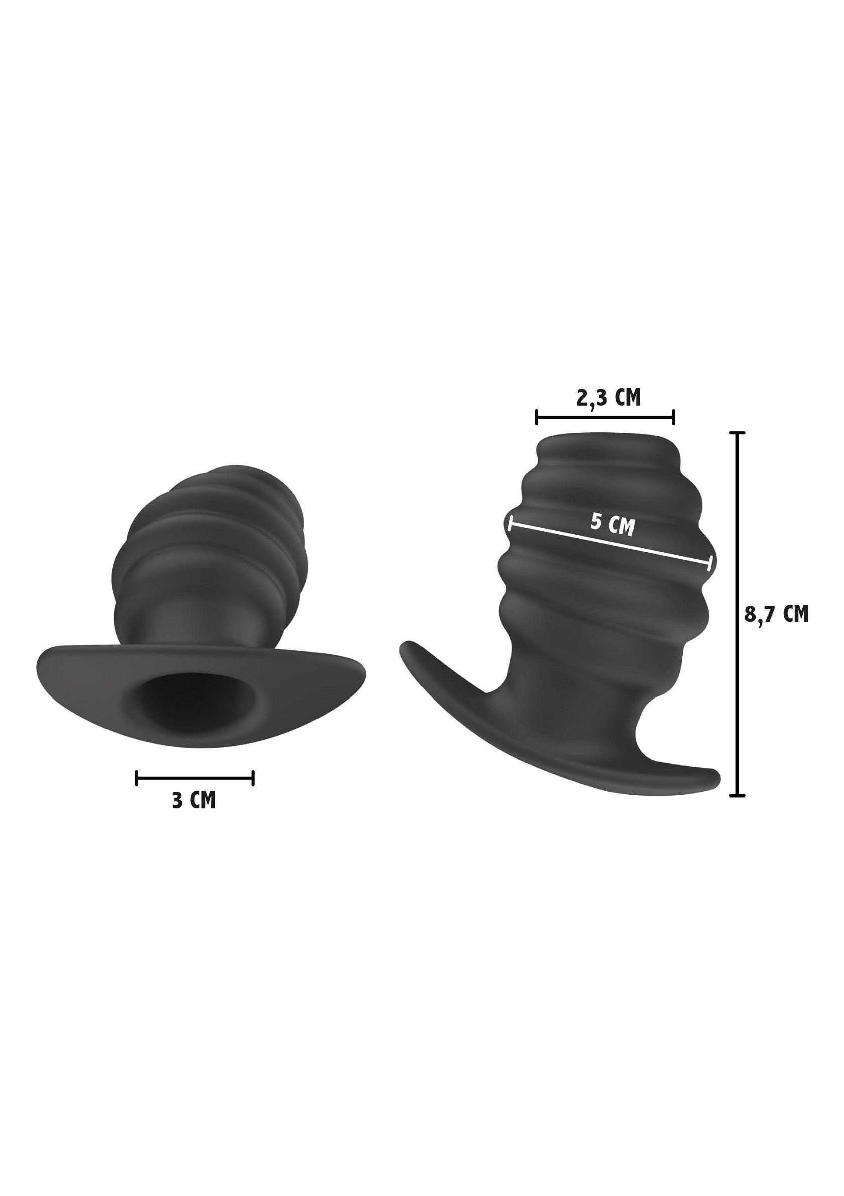 Plug anal texturé noir avec dimensions pour une exploration confortable et stimulante.; Zwarte getextureerde anale plug met afmetingen voor comfortabele en stimulerende verkenning.; Black textured butt plug with dimensions for comfortable and stimulating exploration.