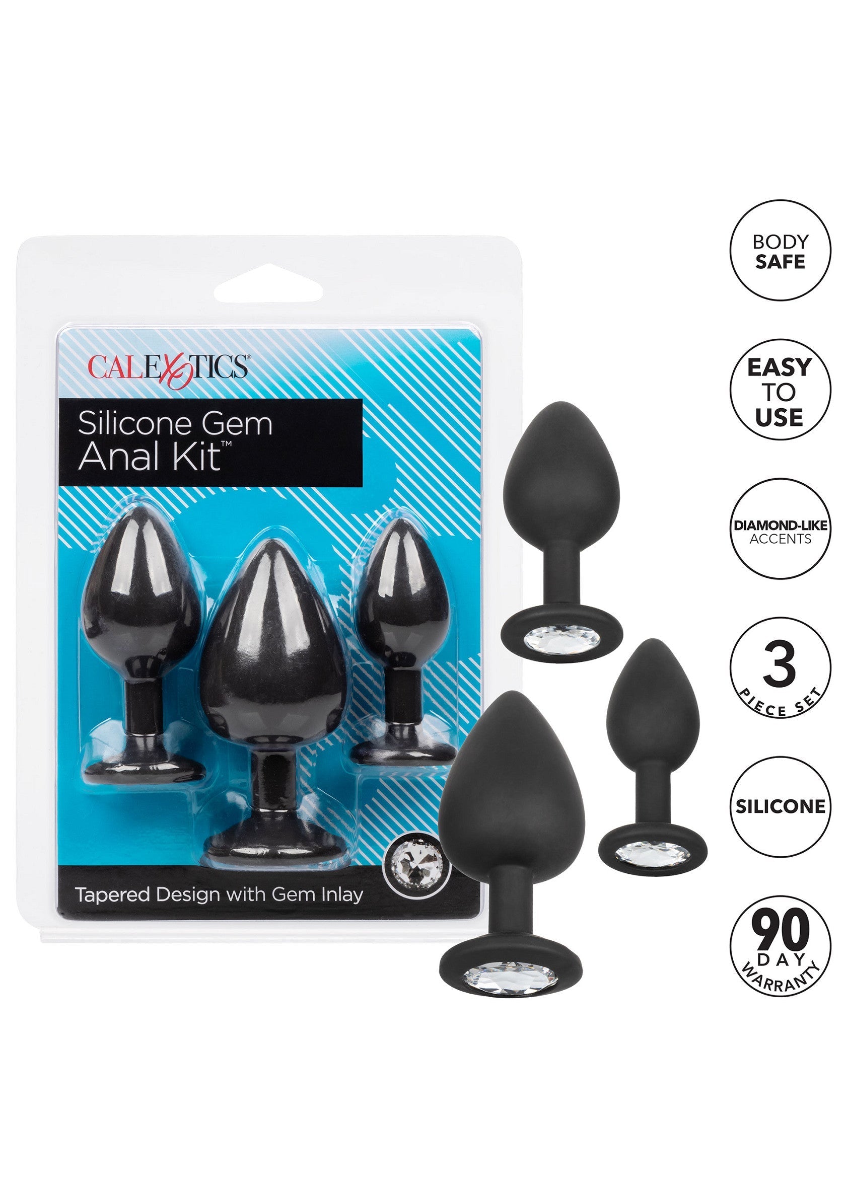 Kit de plugs anaux en silicone noir avec gemmes. Ensemble de 3 tailles différentes pour une expérience graduelle.; Zwarte siliconen anale plug set met edelstenen. Set van 3 verschillende maten voor een geleidelijke ervaring.; Black silicone gem anal plug kit. Set of 3 different sizes for a gradual experience. Body safe.