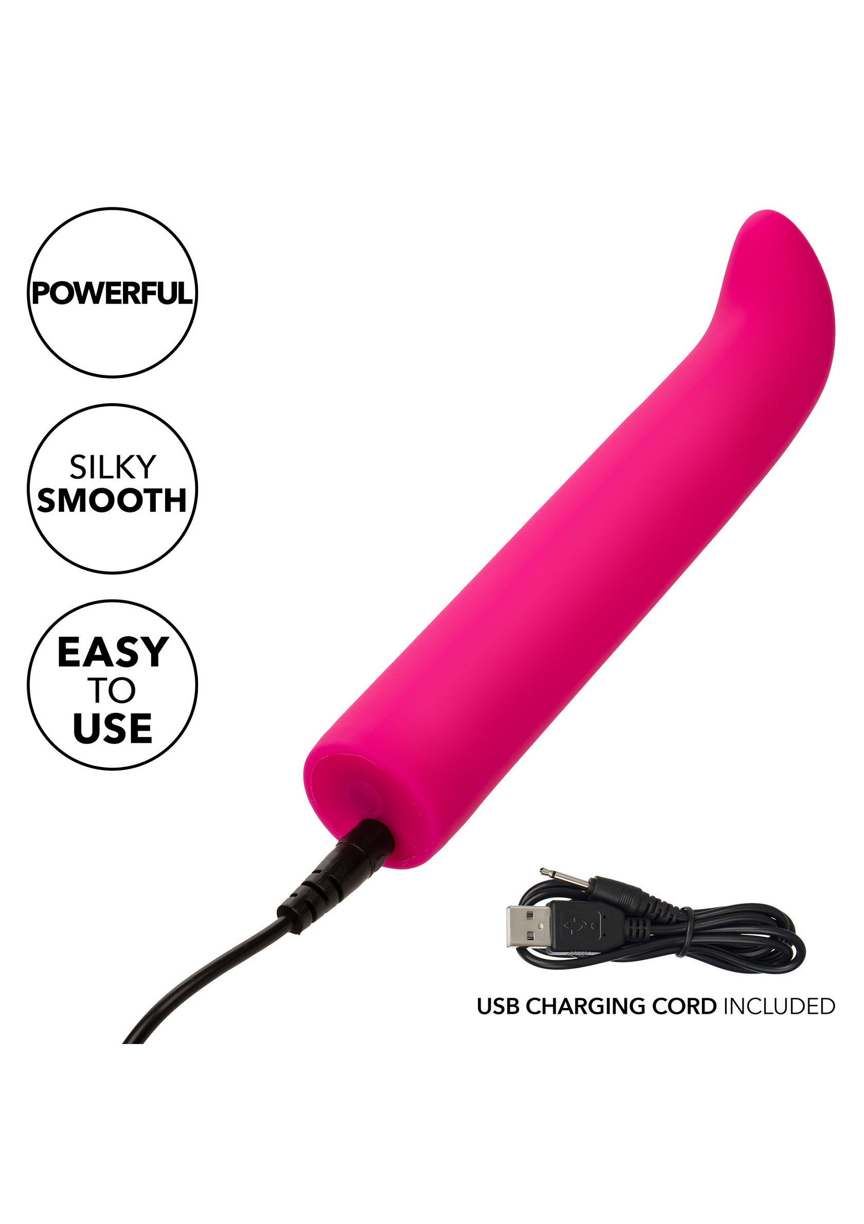 Vibromasseur rose puissant, lisse et facile à utiliser avec câble de chargement USB inclus.; Krachtige, gladde en eenvoudig te gebruiken roze vibrator met inbegrepen USB-oplaadkabel.; Powerful, silky smooth, easy to use pink vibrator with included USB charging cord.