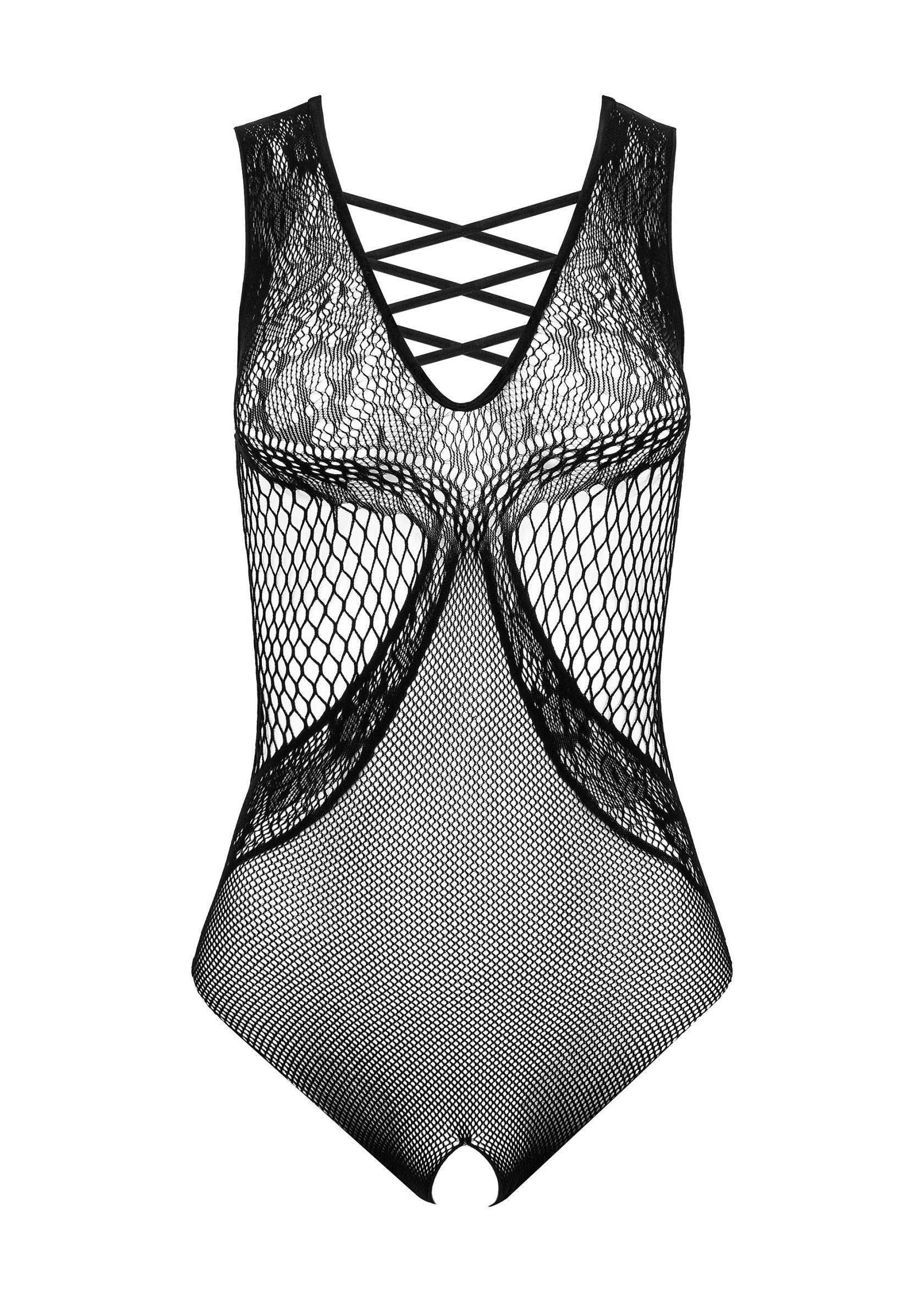 Body noir en résille et dentelle avec laçage croisé au décolleté. Lingerie audacieuse et sexy pour pimenter vos soirées.; Zwarte body van visnet en kant met gekruiste veters bij de halslijn. Uitdagende en sexy lingerie om je avonden op te fleuren.; Black fishnet and lace bodysuit with cross-laced neckline. Daring and sexy lingerie to spice up your evenings.