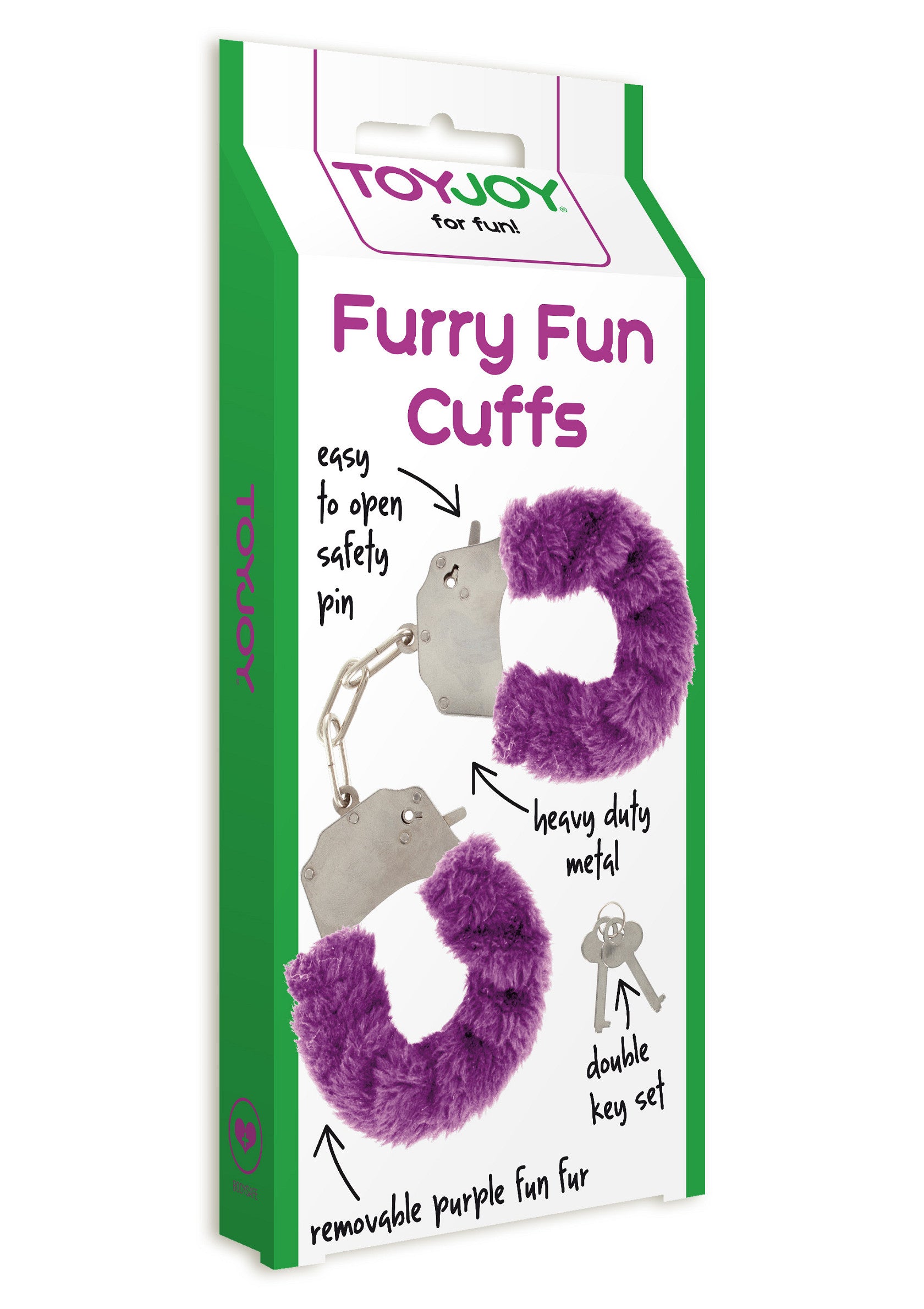Menottes violettes 'Furry Fun Cuffs' pour pimenter votre vie amoureuse. Métal résistant et fausse fourrure amovible.; Paarse 'Furry Fun Cuffs' handboeien om je liefdesleven op te fleuren. Zwaar metaal en afneembaar nepbont.; Purple 'Furry Fun Cuffs' handcuffs to spice up your love life. Heavy-duty metal and removable faux fur.