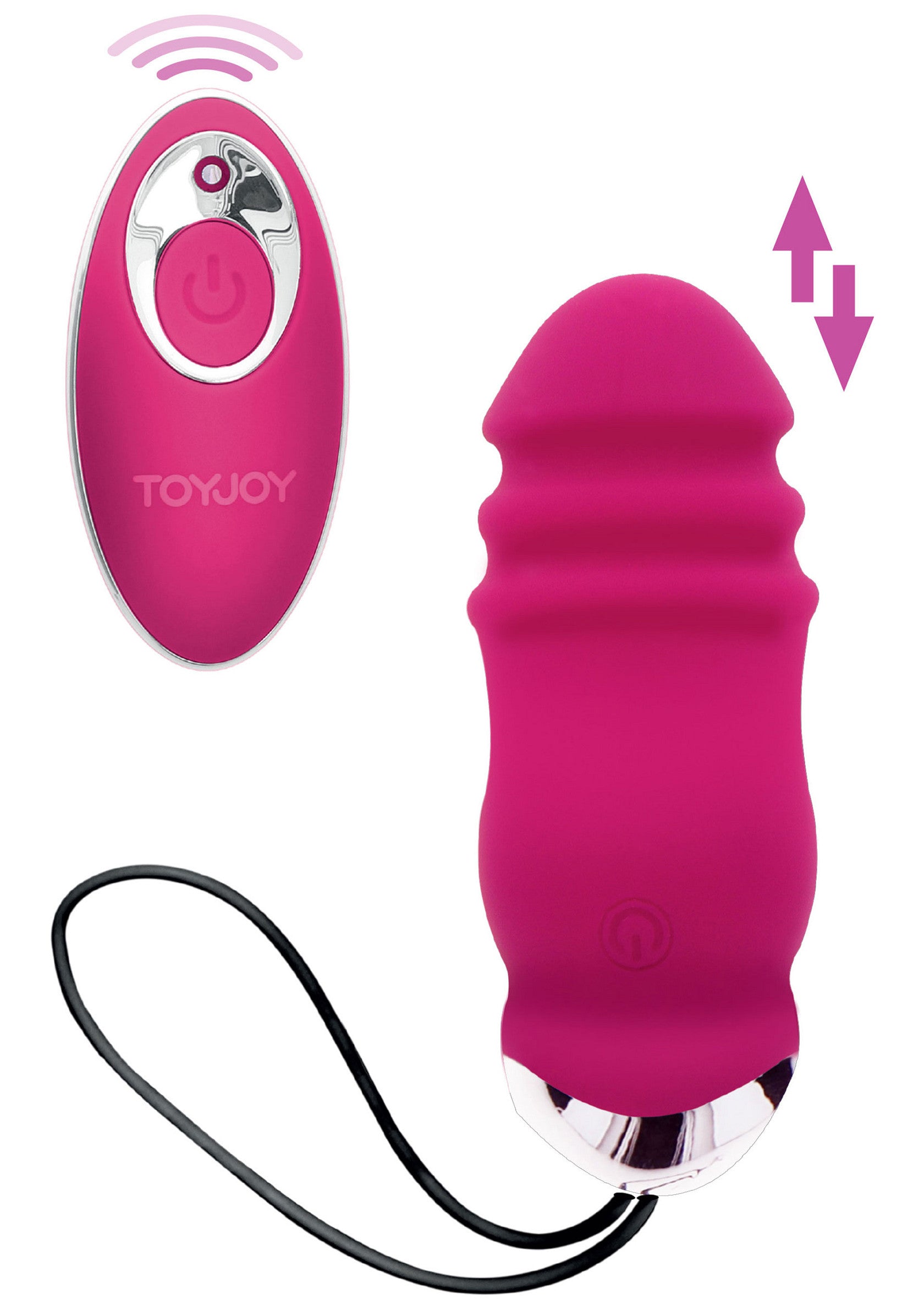 Vibromasseur rose avec télécommande sans fil pour des moments de plaisir intense et personnalisé.; Roze vibrator met draadloze afstandsbediening voor intense en gepersonaliseerde pleziermomenten.; Pink vibrator with wireless remote control for intense and personalized pleasure moments.