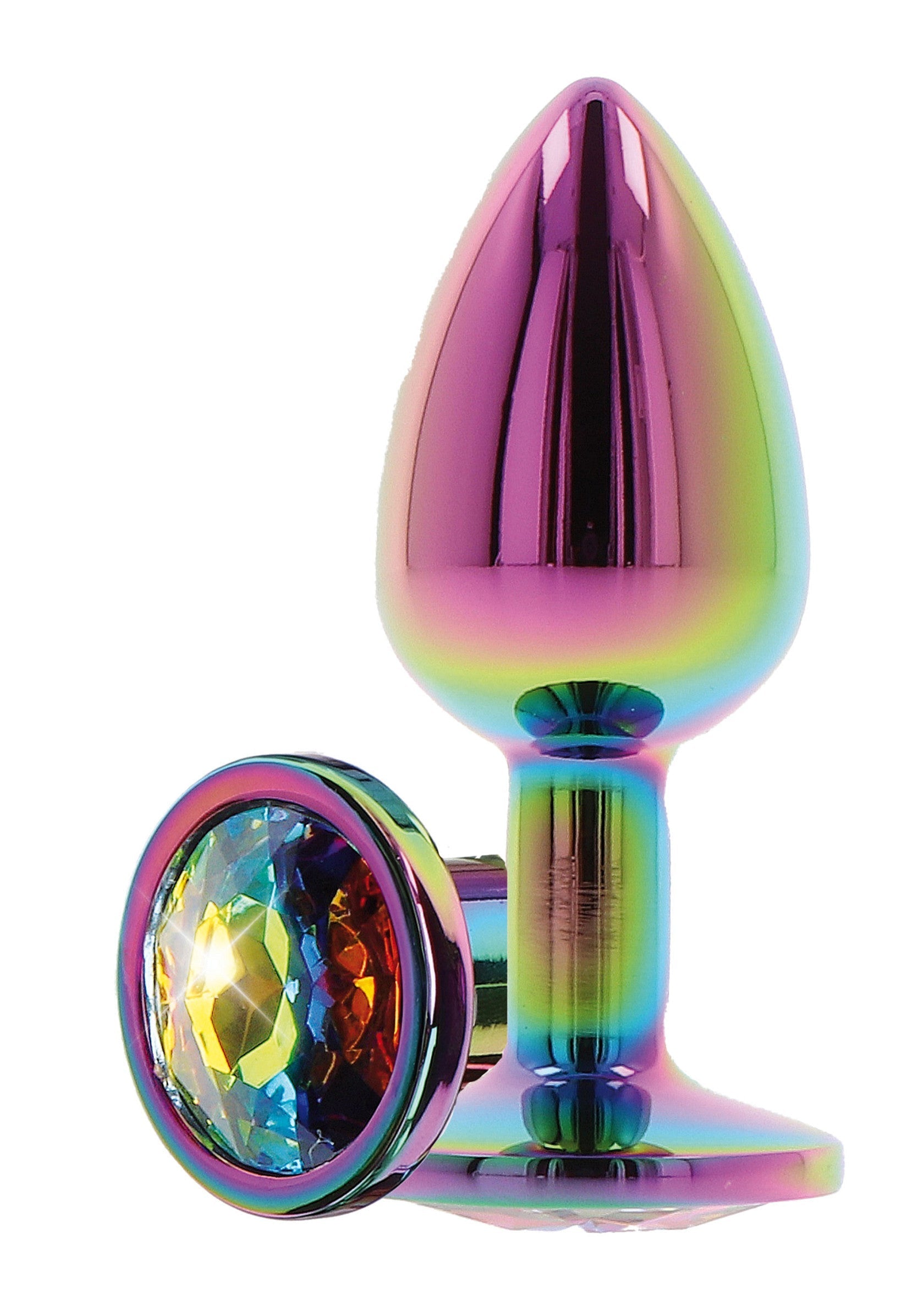 Plug anal arc-en-ciel brillant avec strass décoratif pour un plaisir étincelant garanti.; Glanzende regenboog anaal plug met decoratieve strass steen voor sprankelend genot, gegarandeerd.; Shiny rainbow anal plug with decorative rhinestone for sparkling pleasure, guaranteed.