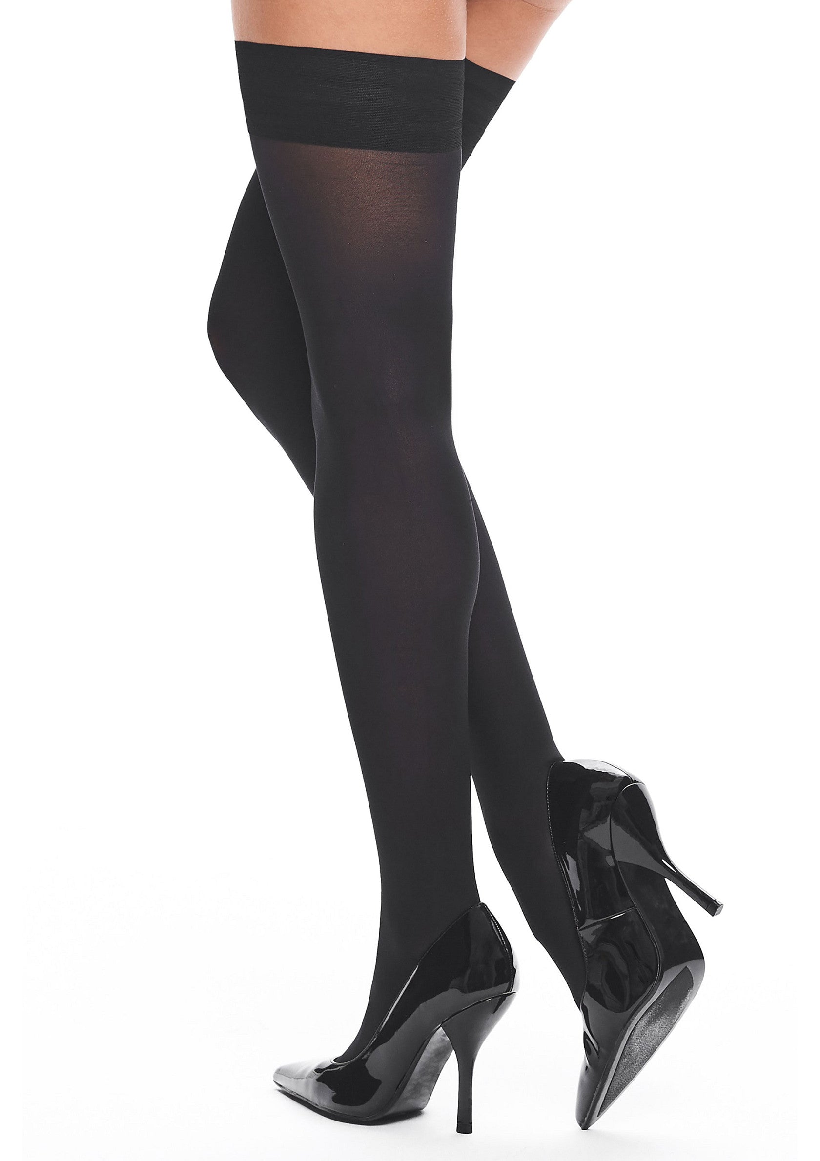 Bas autofixants noirs élégants. Parfaits pour compléter votre tenue avec une touche de sophistication.; Elegante zwarte stay-up kousen. Perfect om je outfit compleet te maken met een vleugje verfijning.; Elegant black stay-up stockings. Perfect to complete your outfit with a touch of sophistication.