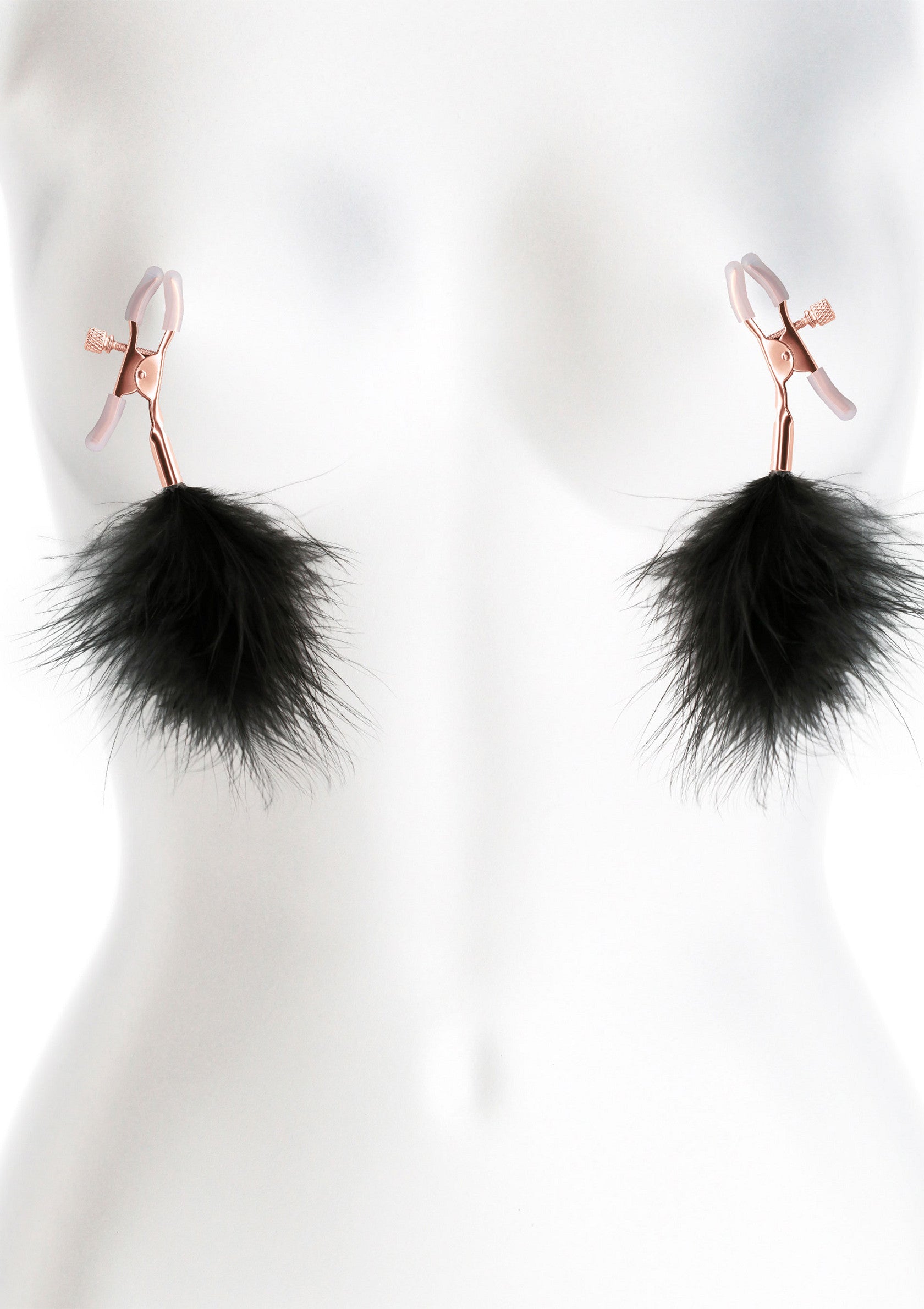 Pinces à tétons avec plumes noires. Accessoire érotique pour pimenter votre vie amoureuse.; Tepelklemmen met zwarte veren. Erotisch accessoire om je liefdesleven mee op te fleuren.; Nipple clamps with black feathers. Erotic accessory to spice up your love life.