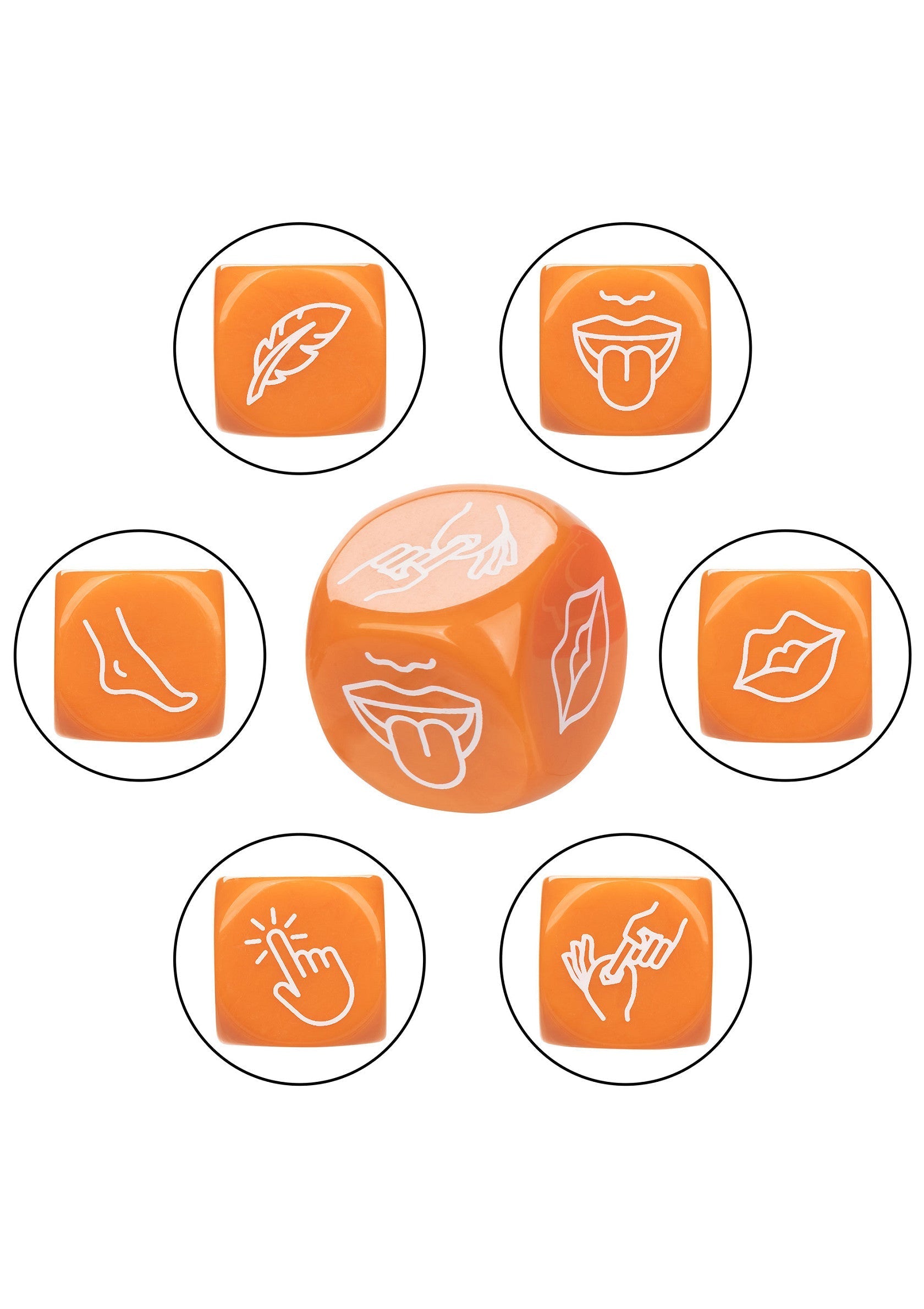 Jeu de dés orange pour adultes avec symboles tactiles amusants. Idéal pour pimenter votre vie amoureuse !; Oranje dobbelspel voor volwassenen met leuke aanrakingssymbolen. Ideaal om je liefdesleven op te fleuren!; Orange adult dice game with fun touch symbols. Great for spicing up your love life!