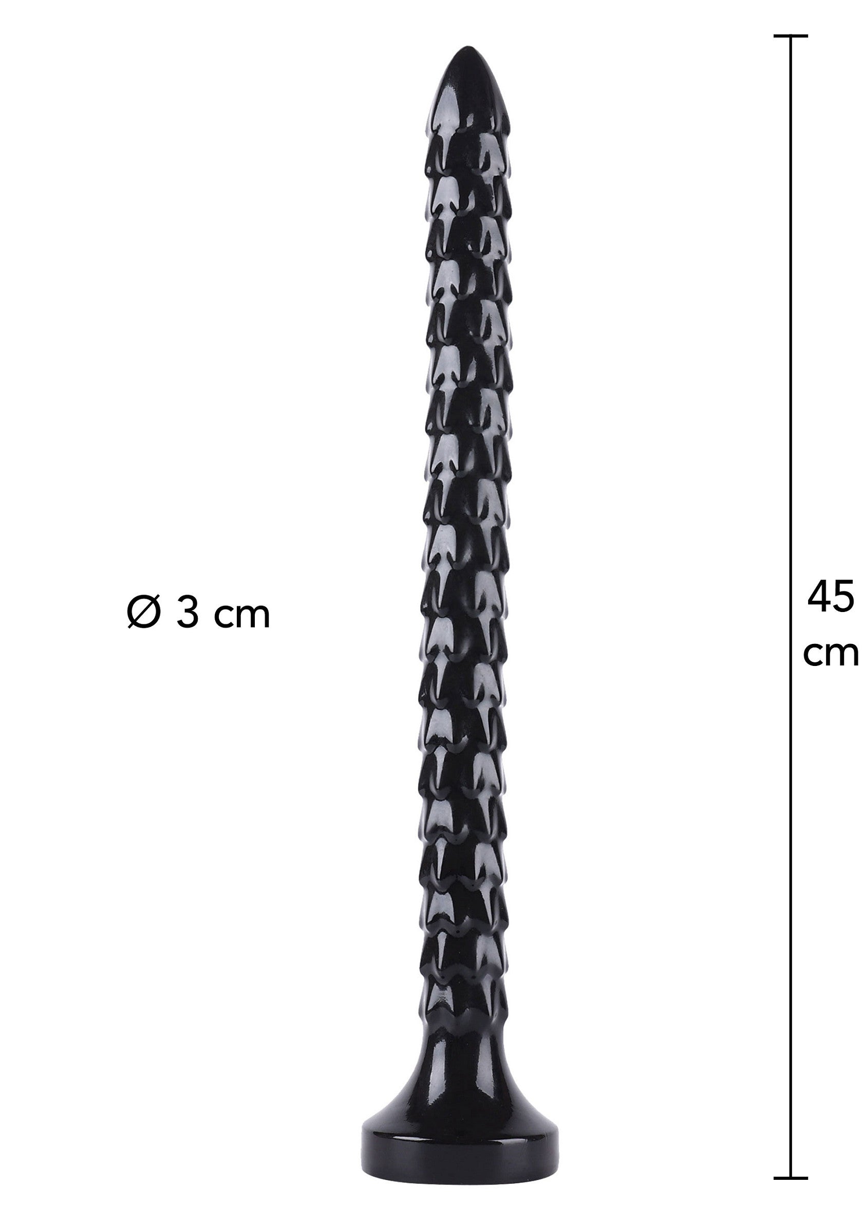 Plug anal noir texturé de 45 cm pour une expérience intense et stimulante.; Zwarte, getextureerde anale plug van 45 cm voor een intense en stimulerende ervaring.; 45cm textured black anal plug for an intense and stimulating experience.