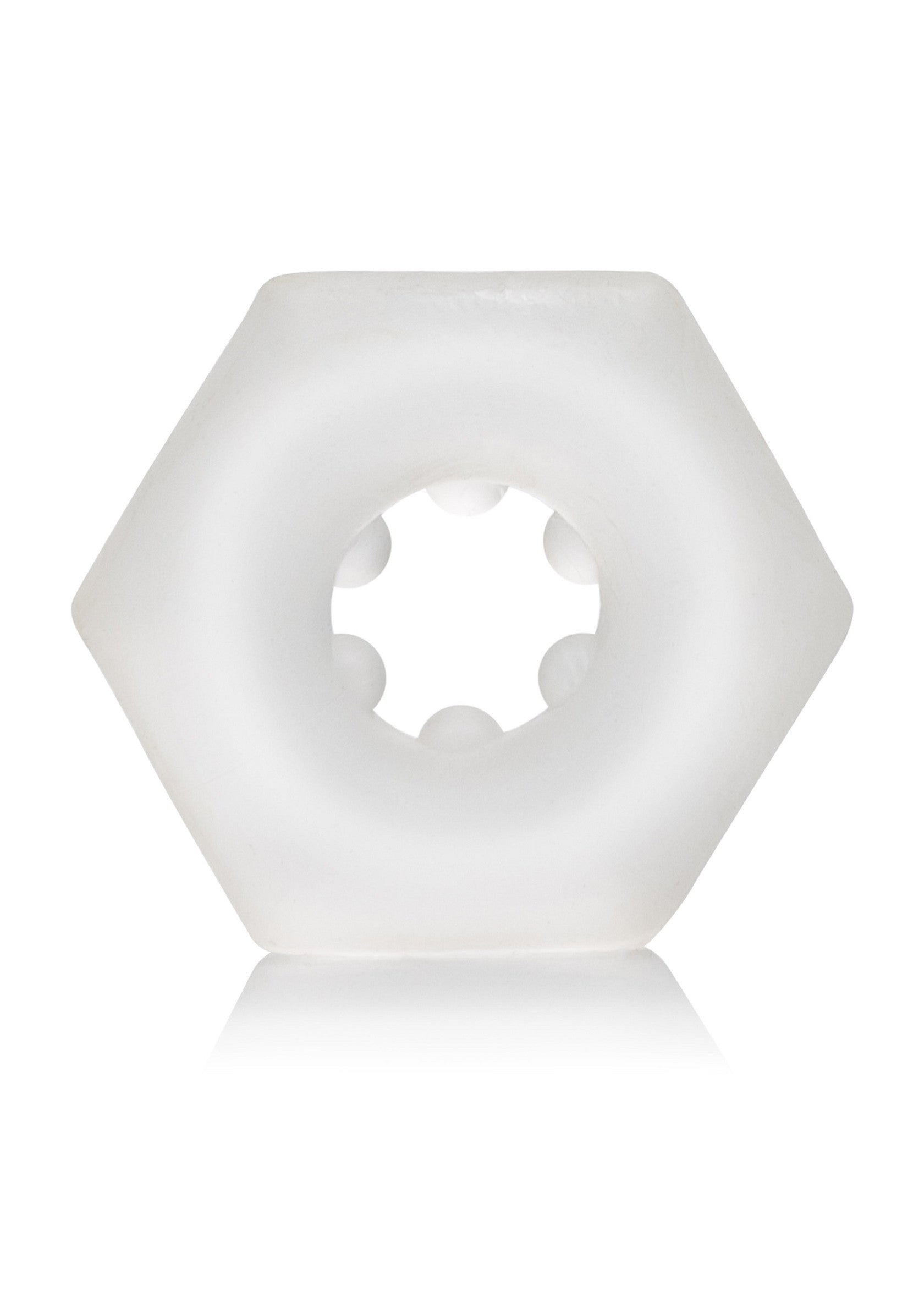 Anneau pénien en silicone hexagonal blanc translucide pour plus de plaisir et de sensations.; Transparant witte zeshoekige siliconen penisring voor extra genot en sensaties.; Translucent white, hexagonal silicone cock ring for enhanced pleasure and sensations.