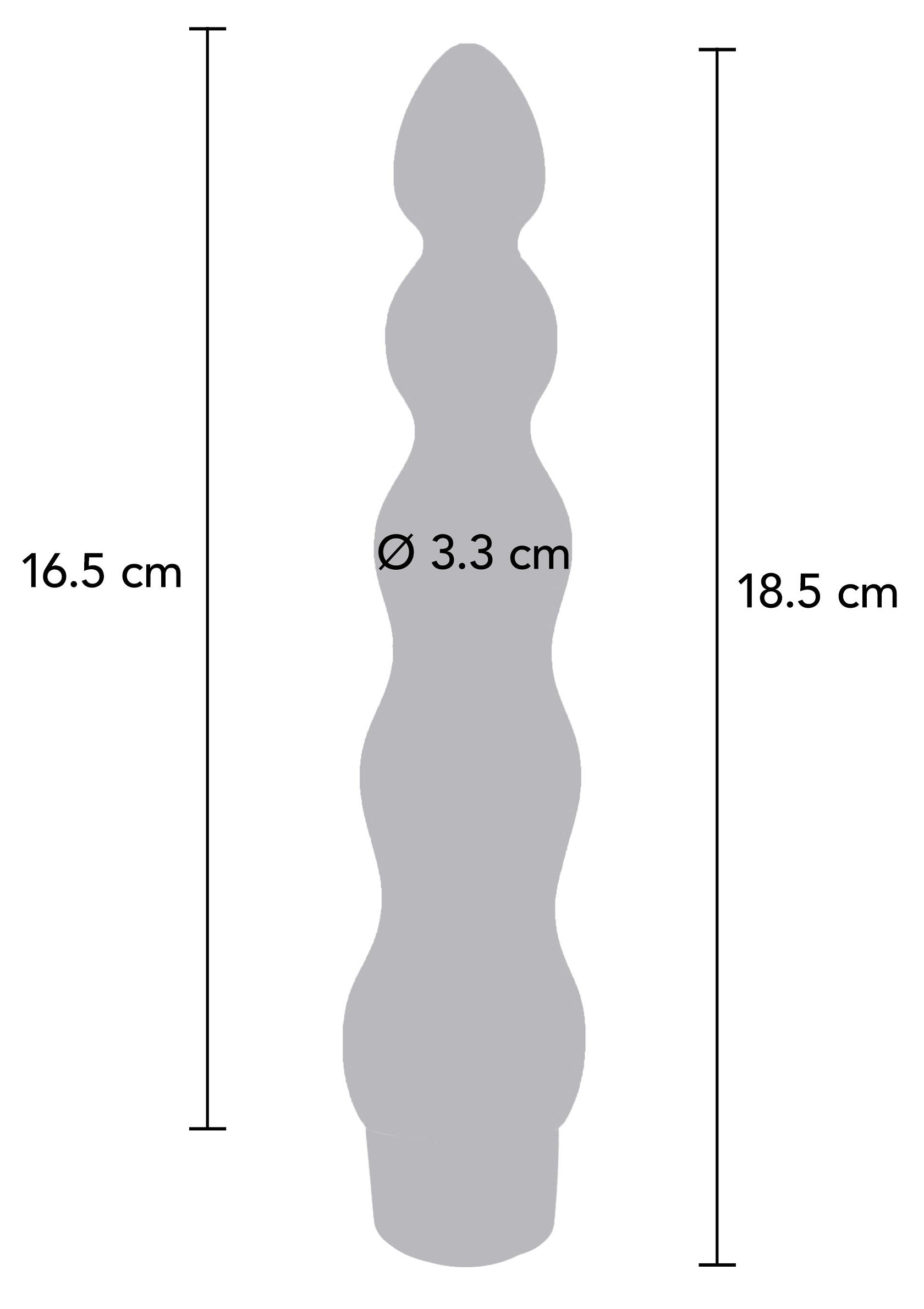 Diagramme détaillé d'un plug anal ondulé avec dimensions (16.5cm et 18.5cm de hauteur, 3.3cm de diamètre); Gedetailleerd diagram van een golvende anale plug met afmetingen (16.5cm en 18.5cm hoog, 3.3cm diameter); Detailed diagram of a wavy anal plug with dimensions (16.5cm and 18.5cm tall, 3.3cm diameter)