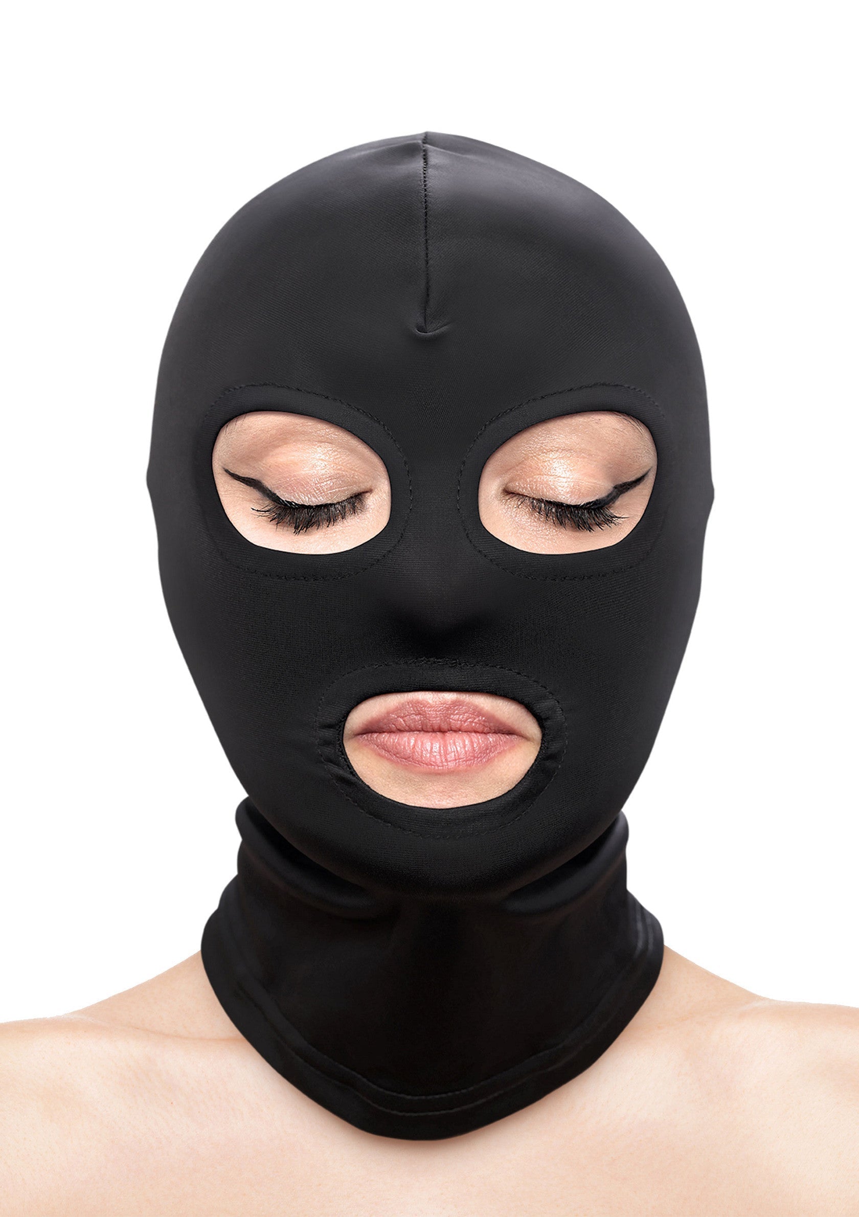 Cagoule noire intégrale pour des jeux coquins et une expérience sensorielle unique. Masque fetish unisexe.; Zwarte balaclava voor ondeugende spelletjes en een unieke zintuiglijke ervaring. Uniseks fetish masker.; Full black balaclava for kinky games and a unique sensory experience. Unisex fetish mask.
