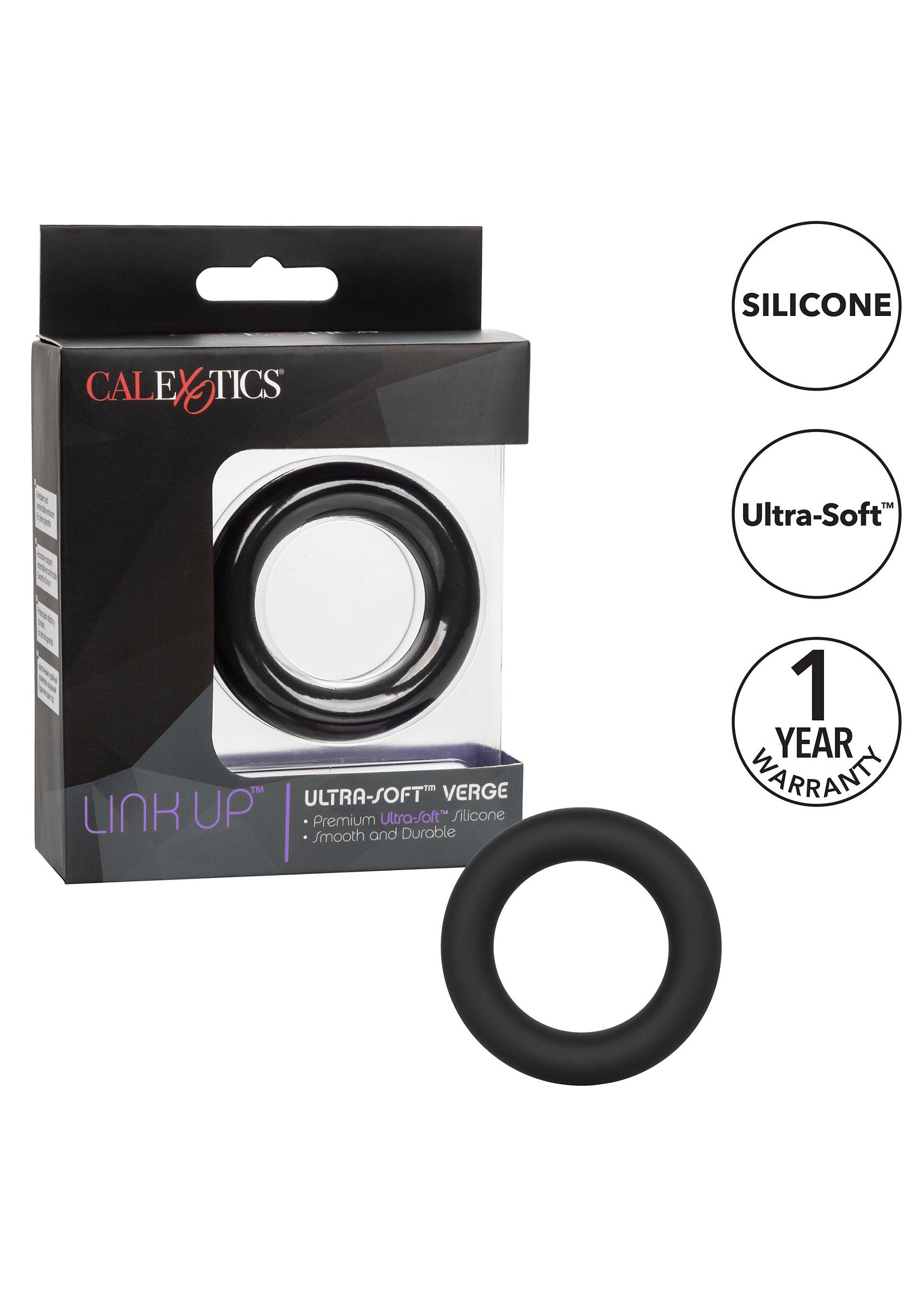Anneau pénien CalExotics Link Up Ultra-Soft Verge en silicone noir pour un plaisir intense et durable.; CalExotics Link Up Ultra-Soft Verge penisring, zwart siliconen voor intens, langdurig genot.; CalExotics Link Up Ultra-Soft Verge cock ring in black silicone for intense, long-lasting pleasure.
